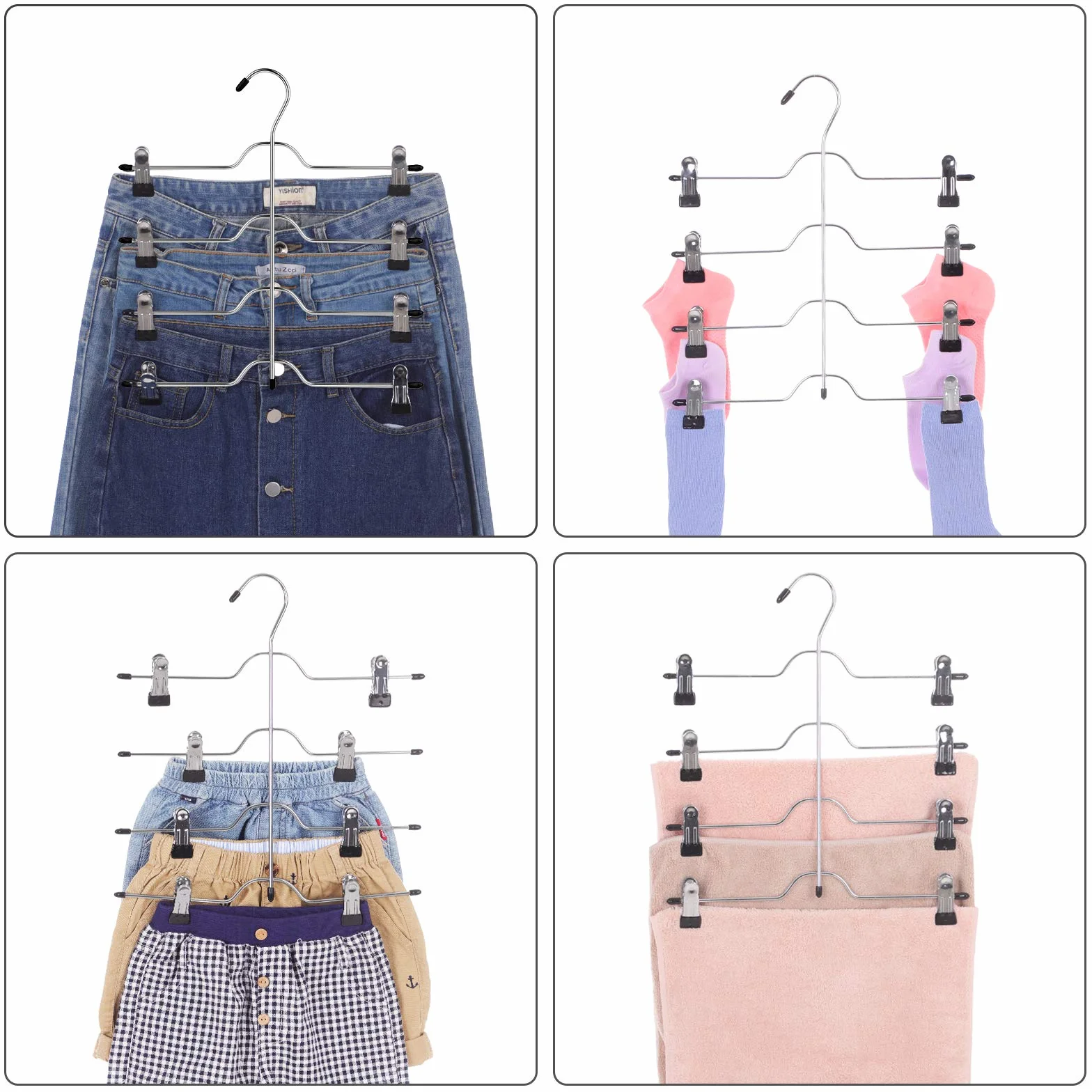 SONGMICS Perchas para Falda con Clips, Juego de 3, Metal de 4 Capas, con 8 Pinzas Ajustables Antideslizantes, para Pantalones, Vaqueros, Toallas, Cortos, 32 cm, Color Plata y Negro CRI042BK