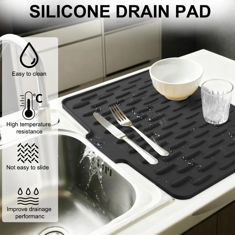 Vicloon Alfombrilla Escurreplatos de Silicona,Bandeja Escurreplatos con Salida de Drenaje,Grande Alfombrilla Escurreplatos,Alfombrilla para Secar Platos para Encimeras y Fregaderos de Cocina,Negro
