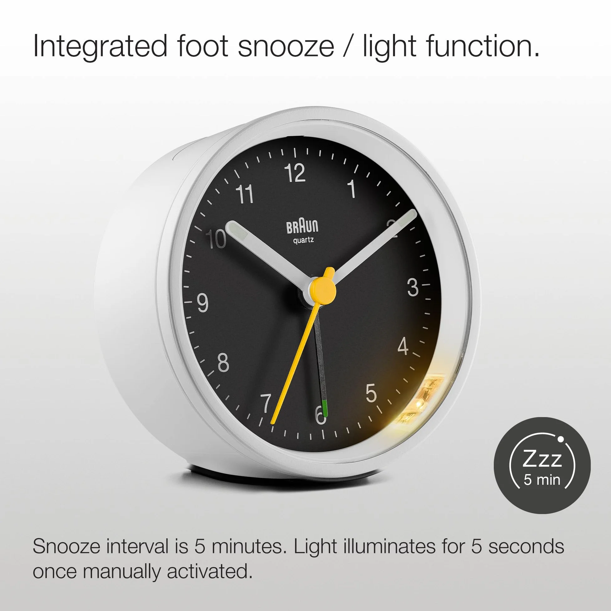 Braun BC12WB Reloj Despertador analógico clásico repetición iluminación Cuarzo silencioso Alarma pitido Crescendo Blanco Negro