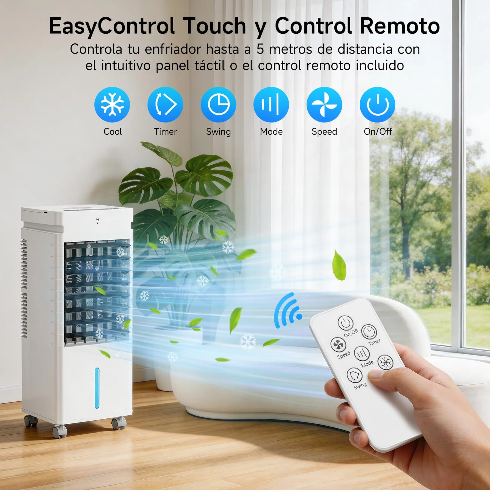Aire Acondicionado Portátil, Enfriador de Aire por Evaporación con Ventilador de 20W, Depósito de 12L y Cristales de Hielo – 3 Modos, 12 Velocidades, Oscilación, Temporizador y Mando a Distancia
