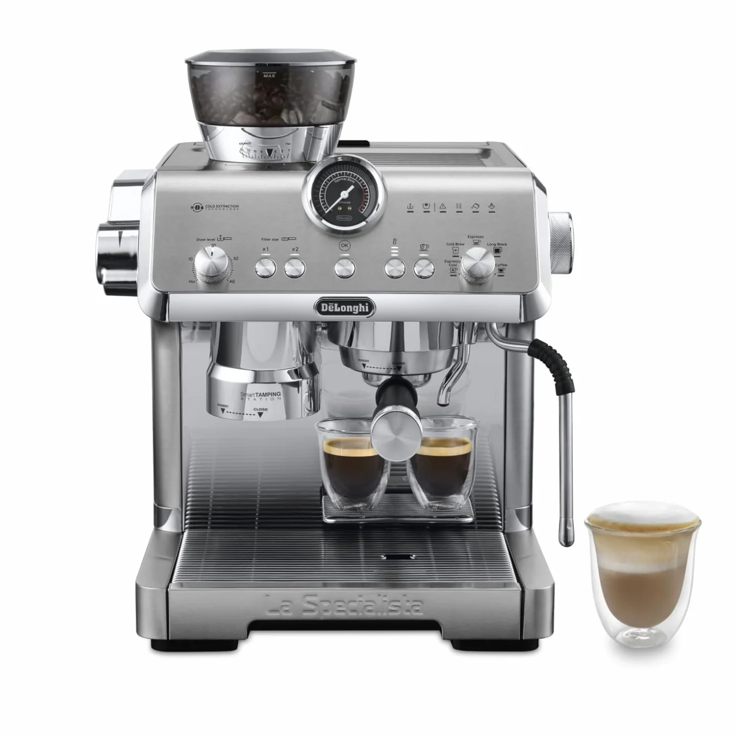 De'Longhi La Specialista Opera EC9555.M, Máquina de Café Espresso con Molinillo Integrado, Función Cold Brew, Incluida Varilla para Espumar Leche, Incluye Accesorios Welcome Set, 1550W, Metal