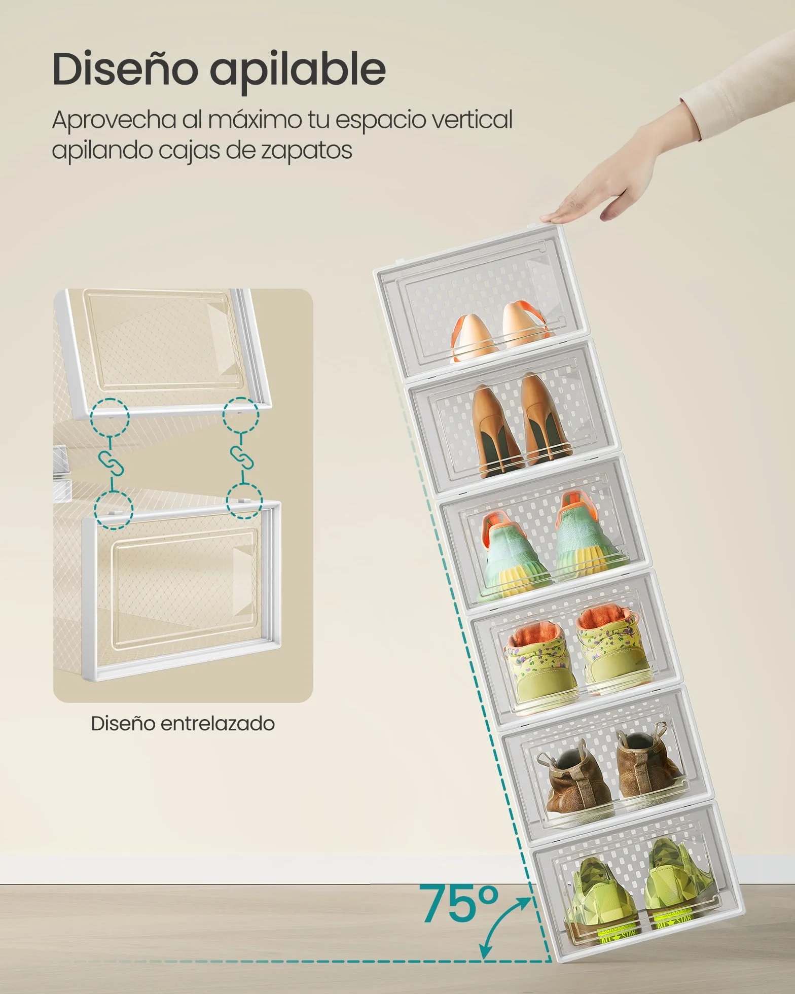 SONGMICS Cajas de Zapatos de Plástico Plegables Apilables Juego de 12 Transparente Blanco