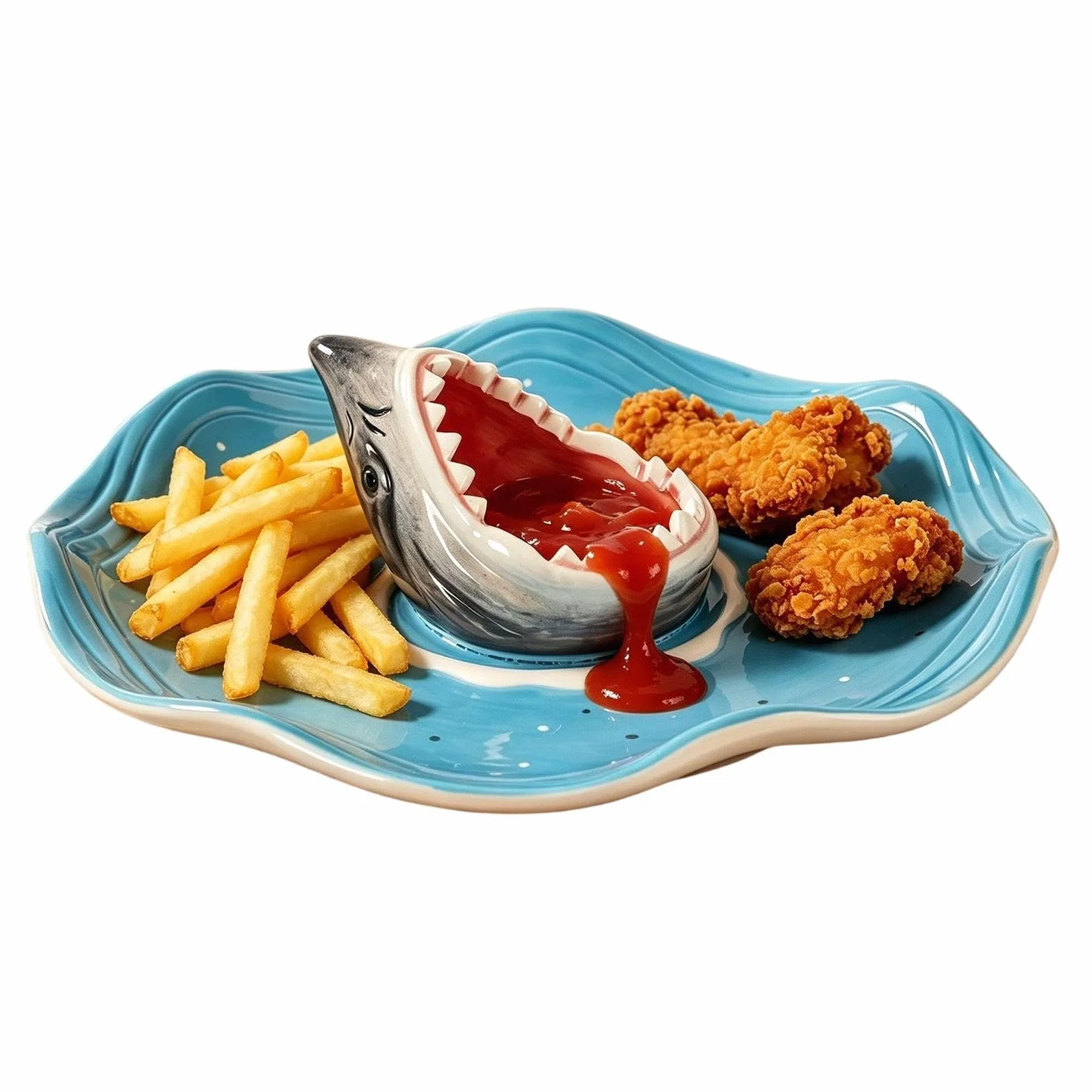 Fuente de Tiburón para Servir Fuente cerámica con compartimento de salsa | Bandeja Divertida para Sushi para charcutería tacos cheeseburger mariscos camarón sardina snack palomitas cumpleaños