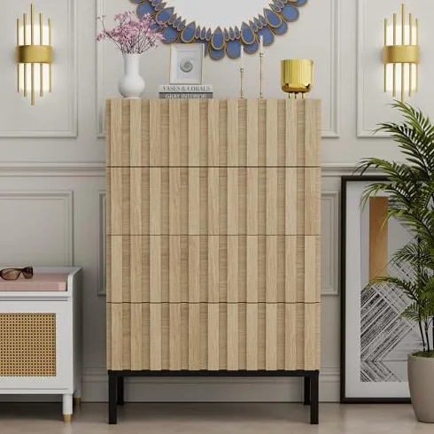 UEV Cómoda con Cajones de 60 x 34,5 x 92 cm, Armario con 4 Cajones, Cómoda Estrecha, Armario para Salón, Dormitorio, Pasillo, Natural