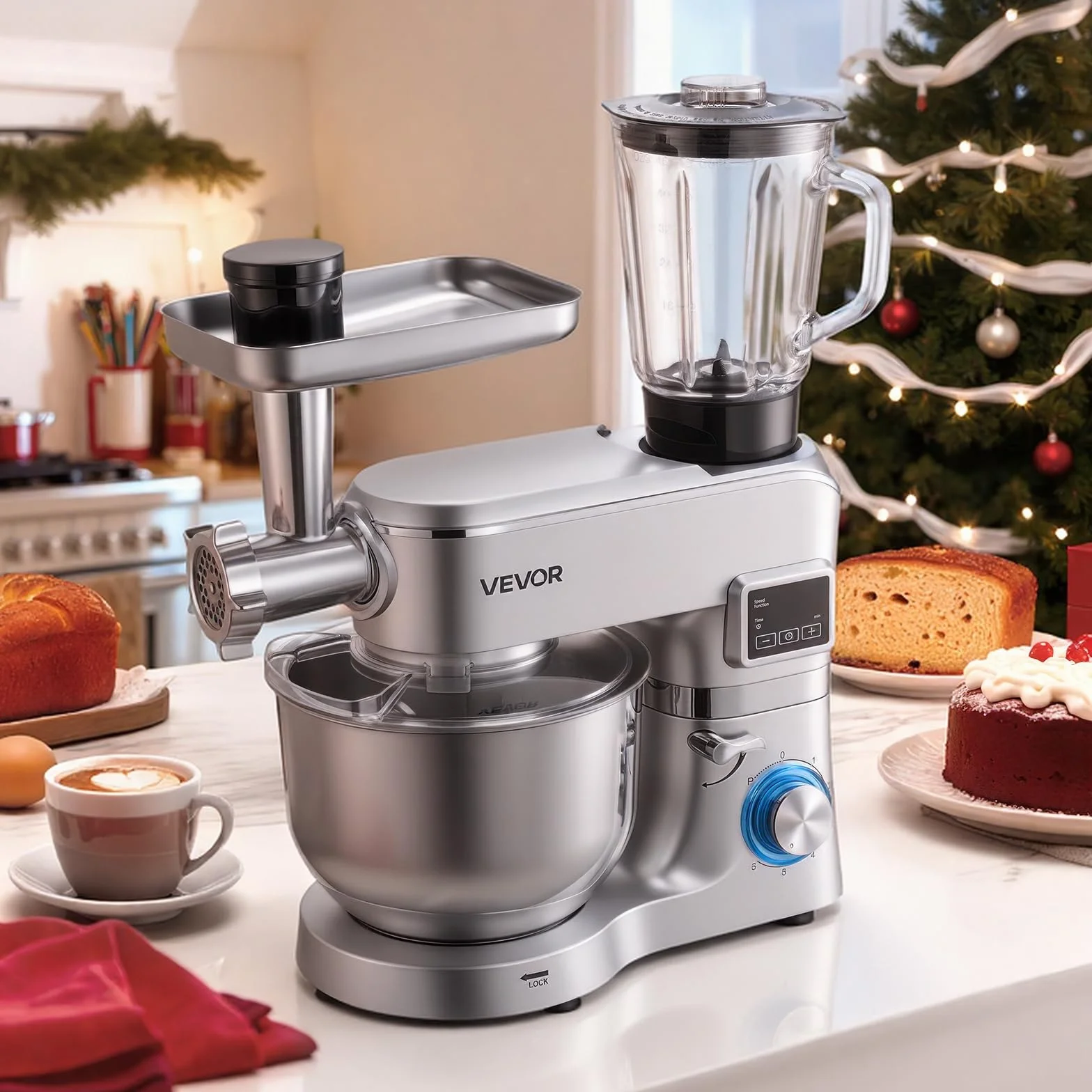 VEVOR Procesador de Alimentos Eléctrico Multifuncional de 1500 W, con Bol de Acero Inoxidable 5,7 L y Bol para Mezclar 1,5 L, 6 Velocidades + P, Gancho para Amasar, Batidor de Varillas y el Plano