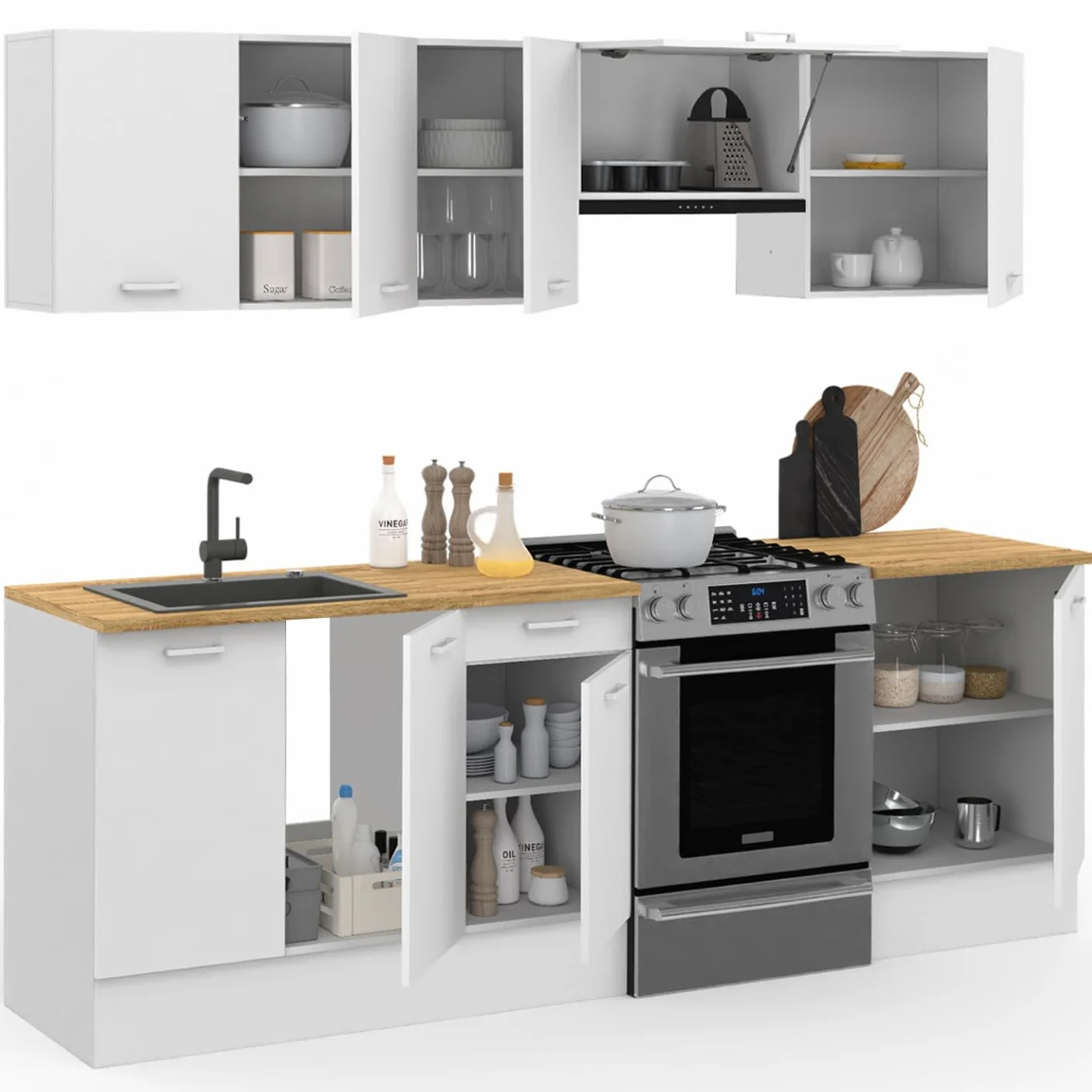 IDMarket - Cocina completa 240 cm sutil con encimera 7 elementos blanco y bandejas de madera