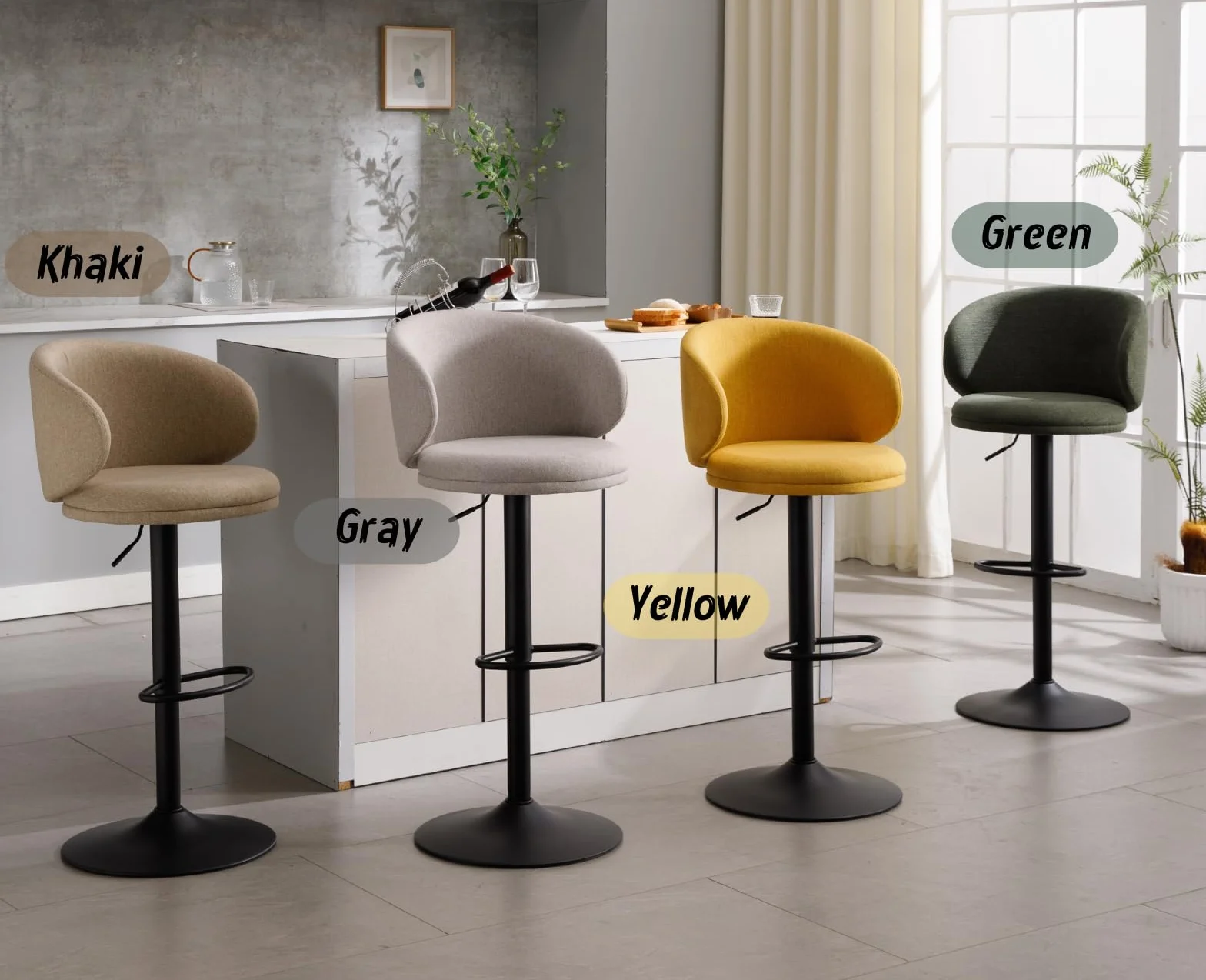 chairus Juego 2 de Taburetes de Bar Altura Ajustable Taburetes de Cocina Moderno con Respaldo, Sillas Altas Mostrador Tapizadas de Tela Taburetes Barra Cómodo con Base de Metal para Hogar, Caqui