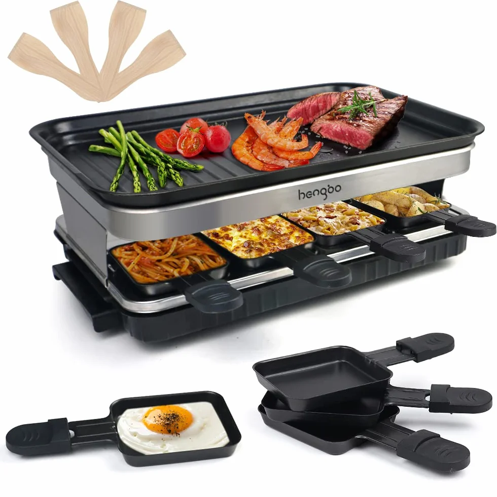 HengBO Raclette Grill Parrilla con Antiadherente Revestido de Térmicamente Aislado Asas 8 Raclette Queso Sartenes para 8 Personas 1500W Negro