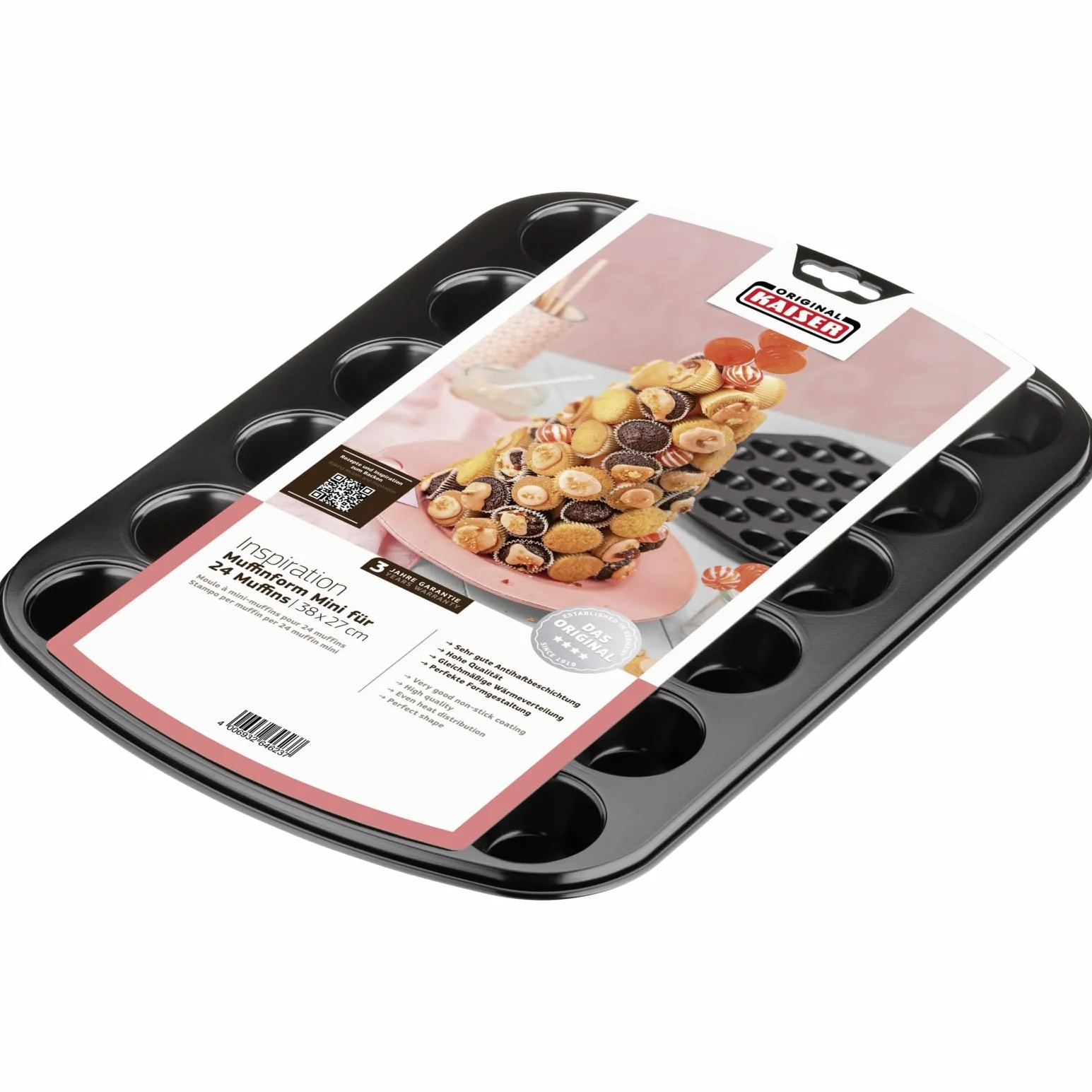 ORIGINAL KAISER - Molde 24 Mini Magdalenas, Molde para Mini Muffins de 38 x 27, Acero con Revestimiento Antiadherente, Negro