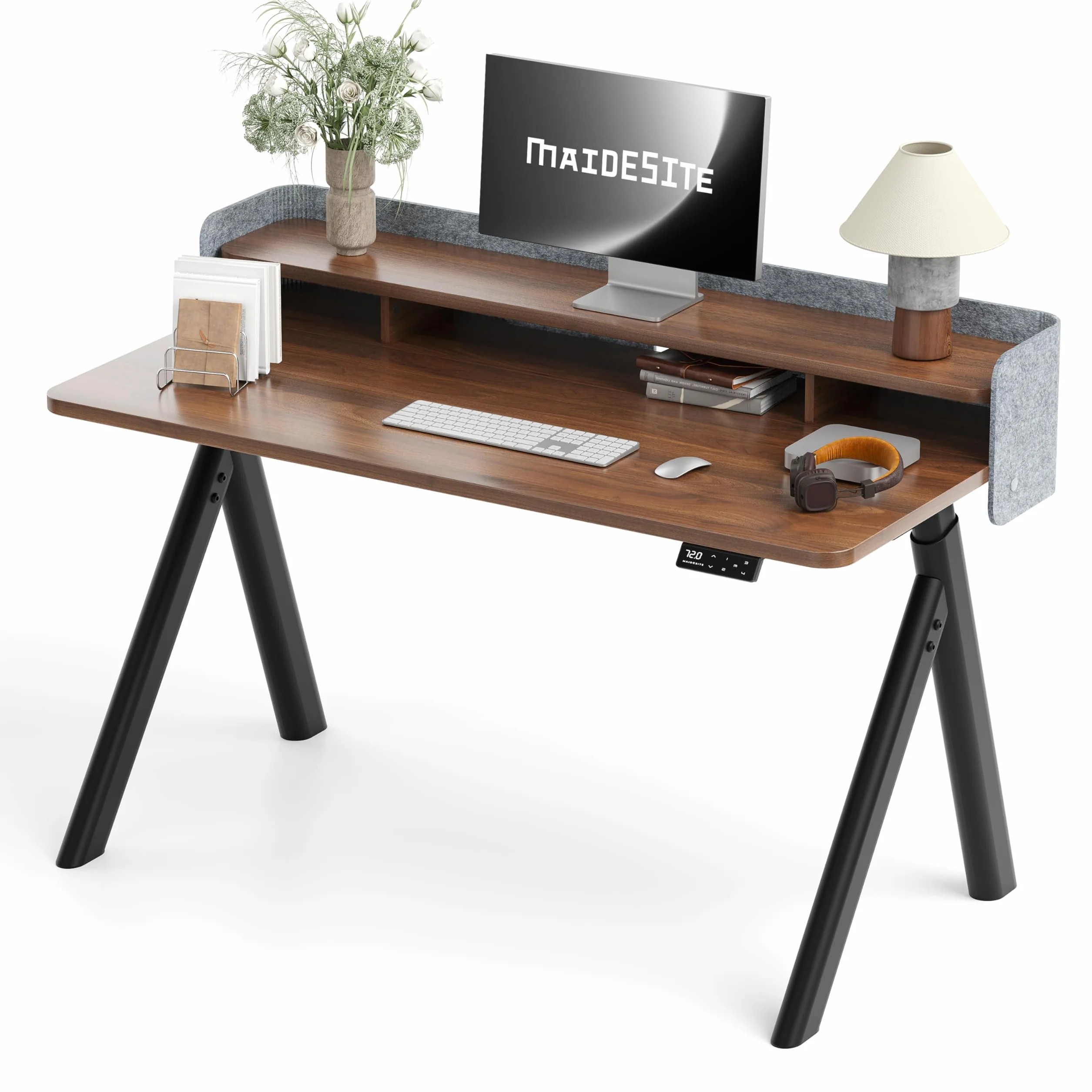 MAIDeSITe Mesa Escritorio Elevable 140x70cm, Estable Eléctrica Elevable Escritorio con Patas Ovaladas Ramificadas, Soporte para Monitor y Pantalla de Fieltro Privada, Mesa para Oficina Hogar