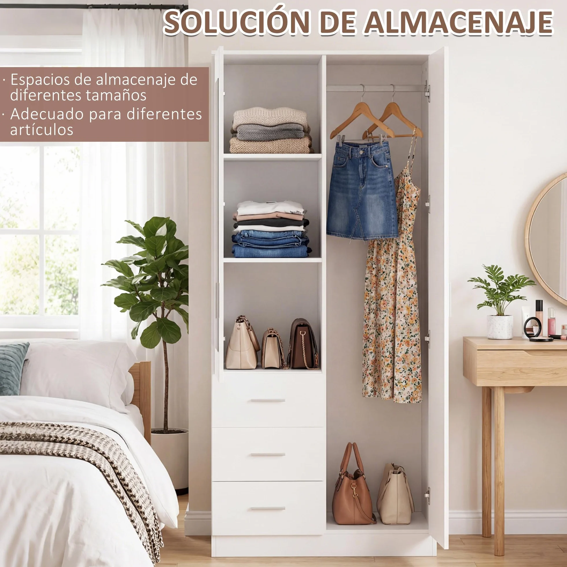 HOMCOM Armario Ropero de 2 Puertas con Espejo 3 Cajones Estantes Ajustables y Barra para Colgar Incluida Mueble Auxiliar para Dormitorio Habitación 80x50x180 cm Blanco
