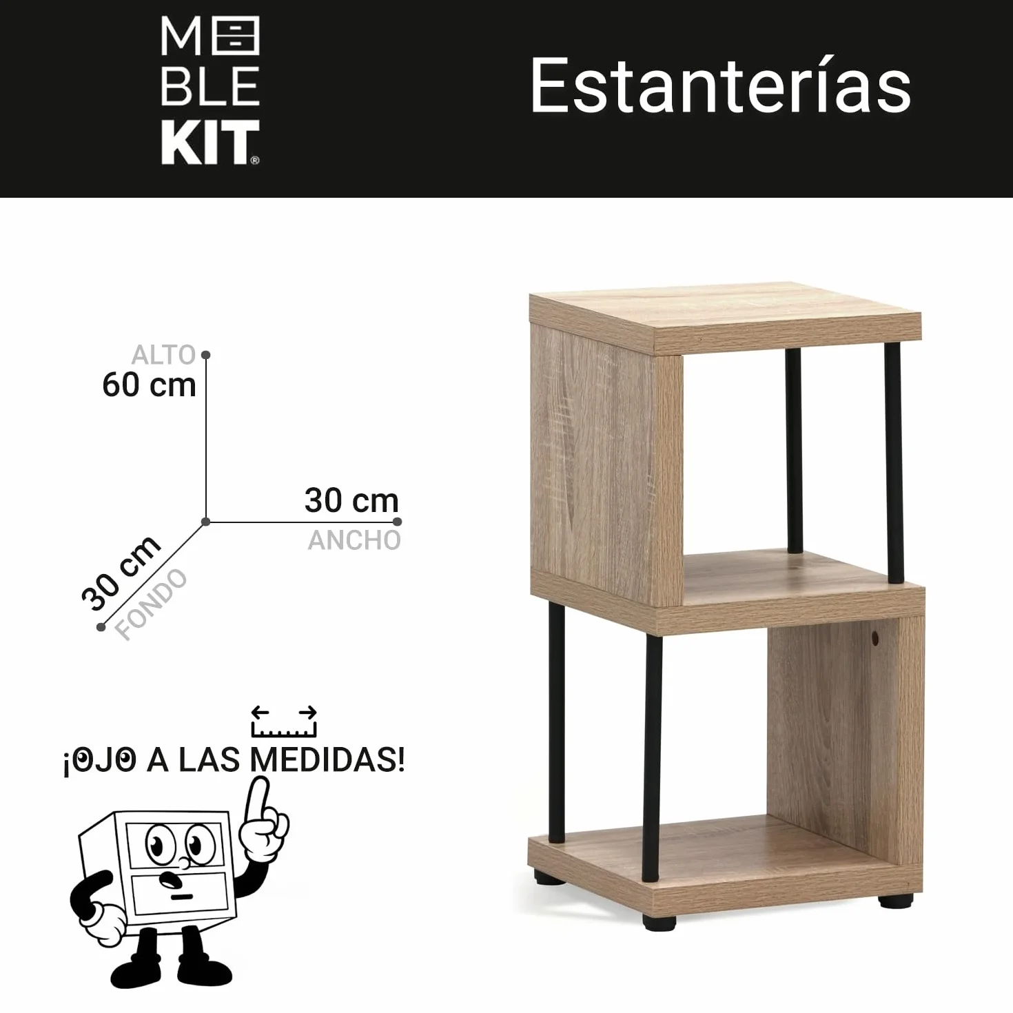 Estantería de Madera y Metal 2 Cubos 30x30x60 cm Roble y Negro, Mueble Auxiliar para Dormitorio