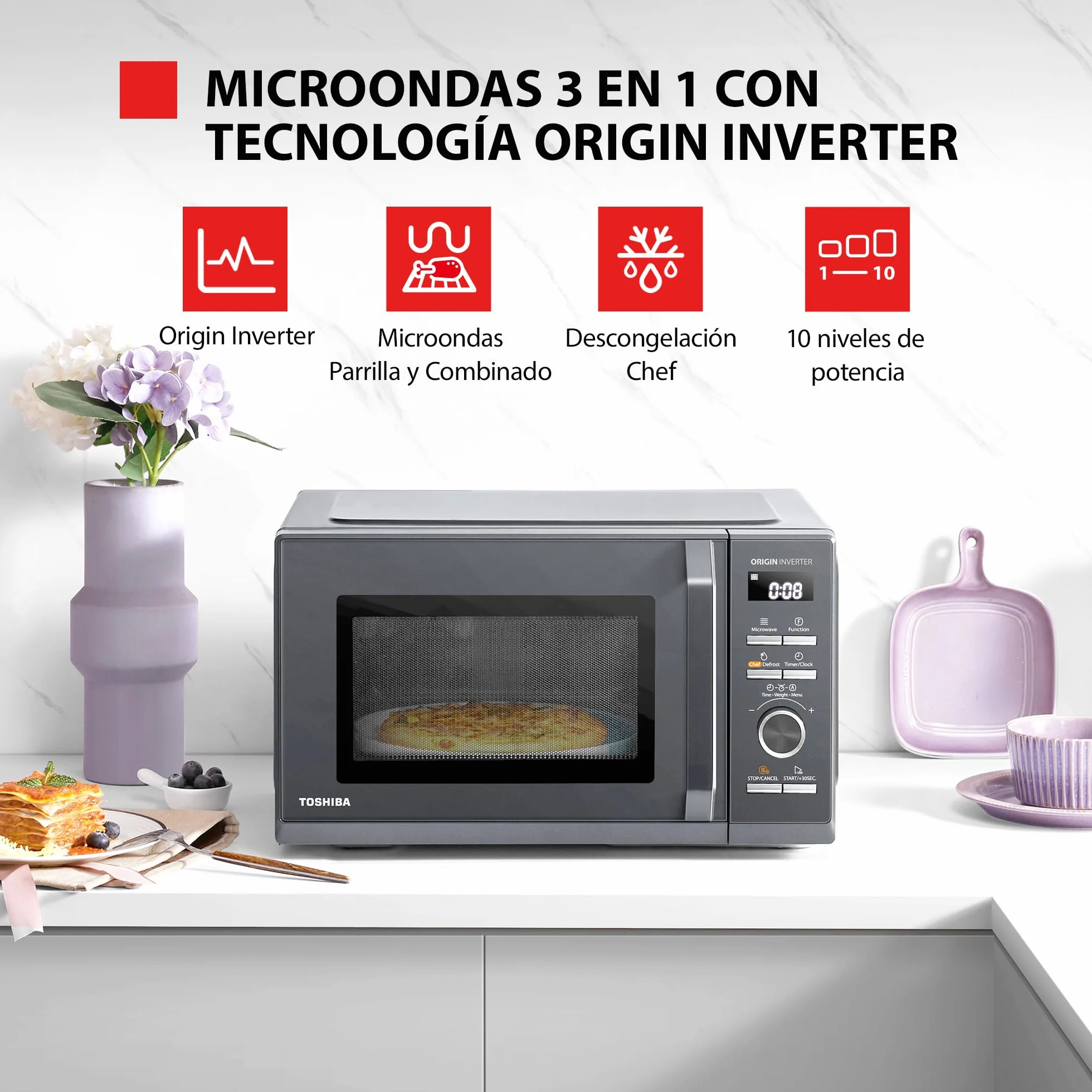 Toshiba MW3-AG25PFI(MG), Forno micro-ondas 25 L 3 em 1 900 W, Morandi cinzento brilhante, 6 programas, 10 níveis de potência, 7 menus automáticos, limpeza fácil