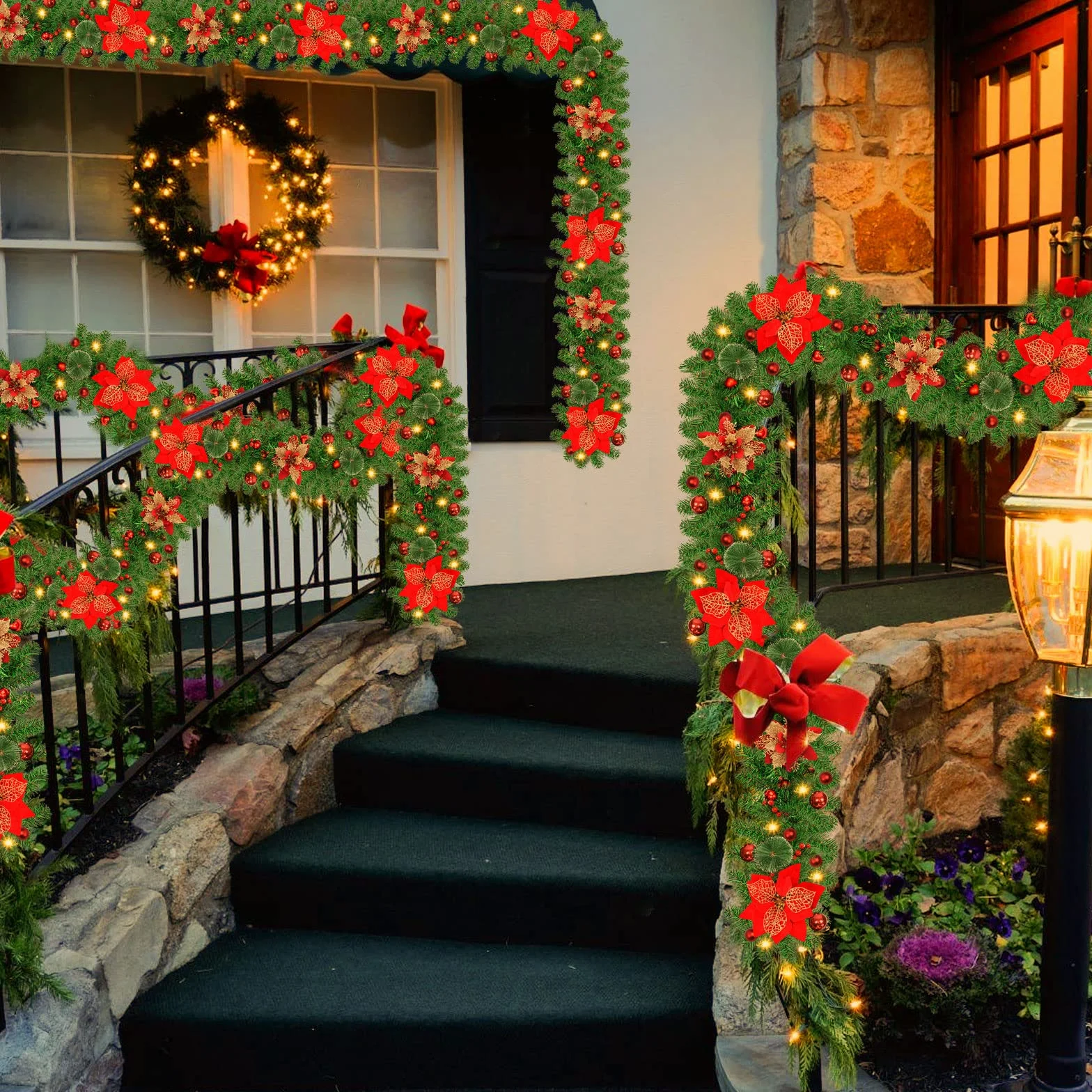 Guirnalda Navidad, Corona navideña de 2,7 m, 200 Ramas, con Bayas Rojas y Agujas de Pino Blanco,Decoracion Navidad para Chimenea con escalones de jardín (Rojo)