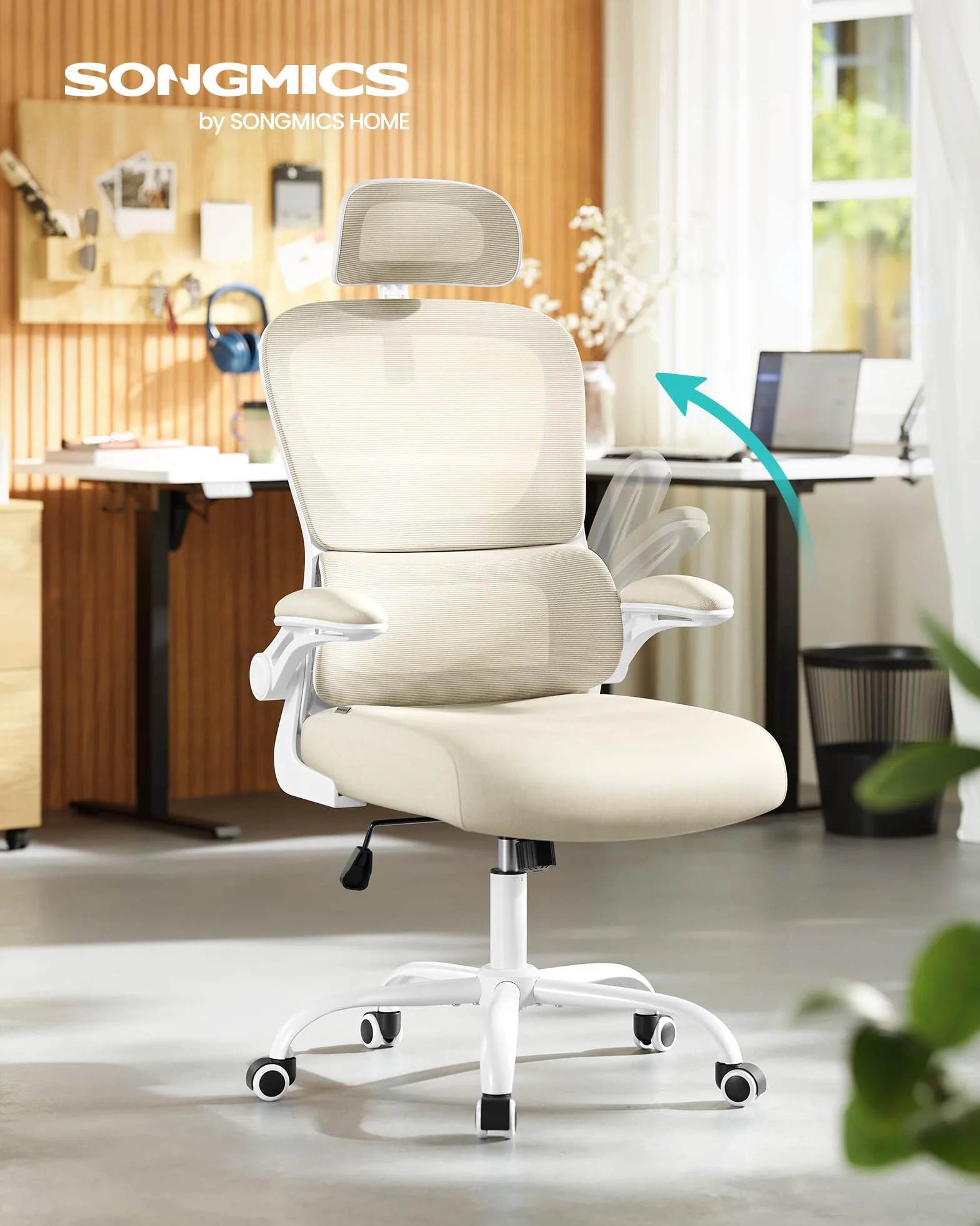 SONGMICS Silla de Oficina Ergonómica, Tela de Malla Transpirable, Soporte Lumbar, Reposacabezas Ajustable, Beige Arena OBN041L01