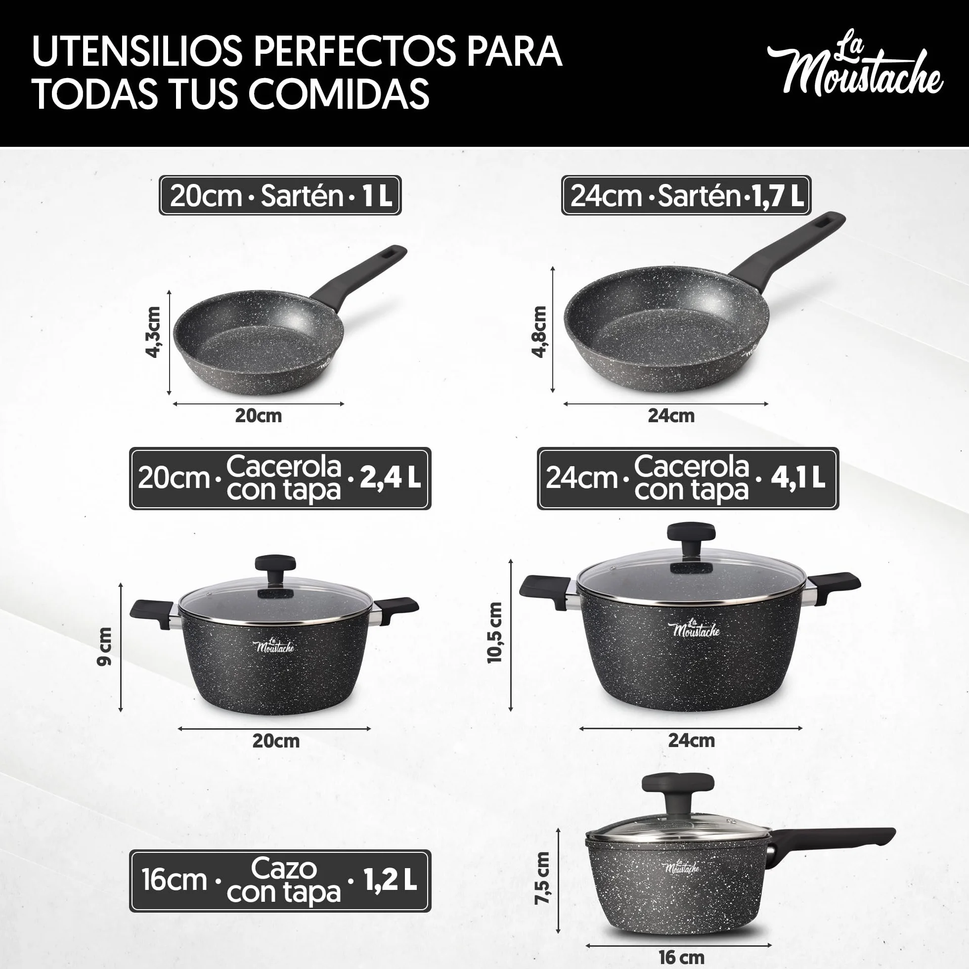 Juego de Ollas y Sartenes La Moustache 8 Piezas Aluminio Antiadherente sin PFOA PFOS Apta Inducción