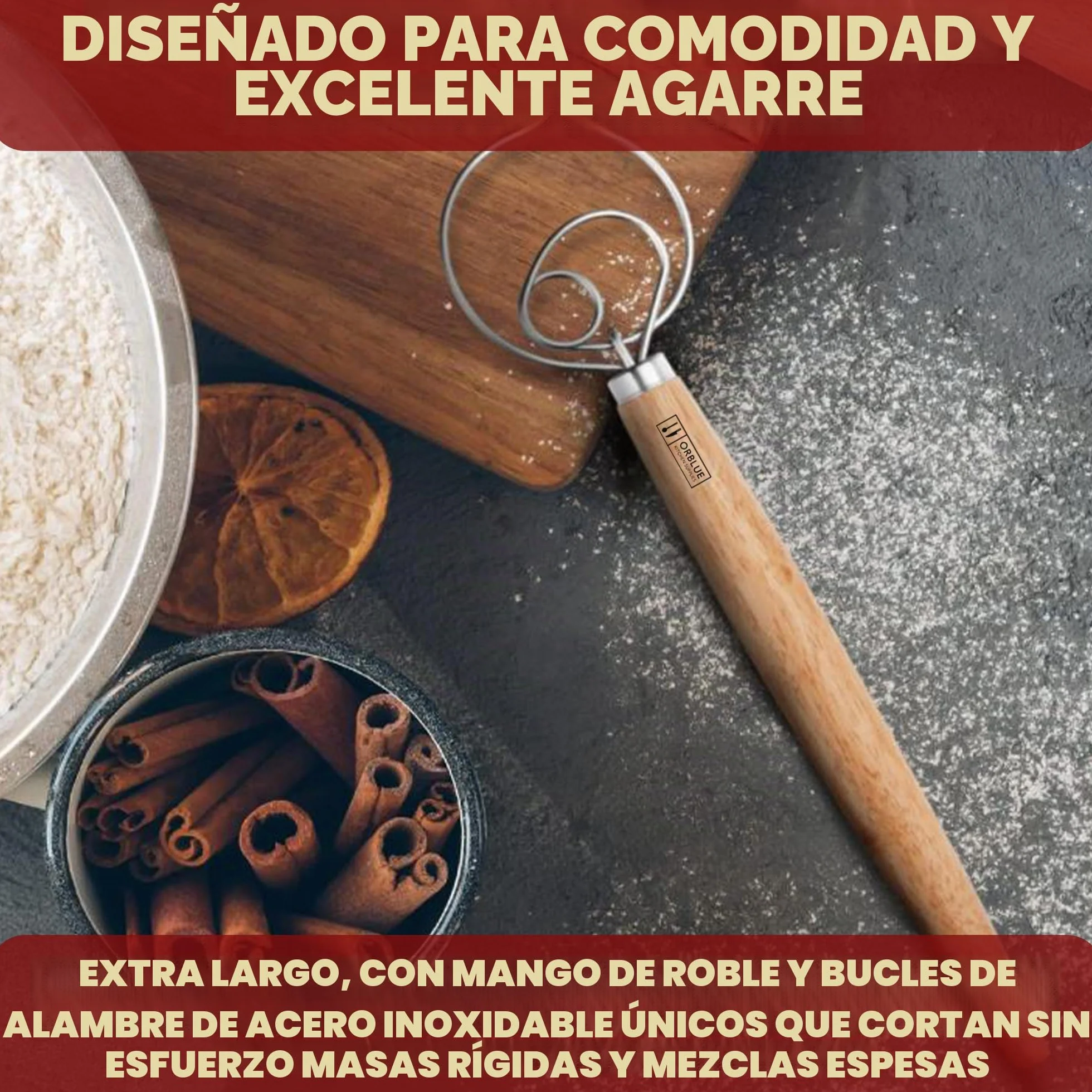 ORBLUE Batidor Danés Set 2 Piezas Mezclador Masa Manual Gancho