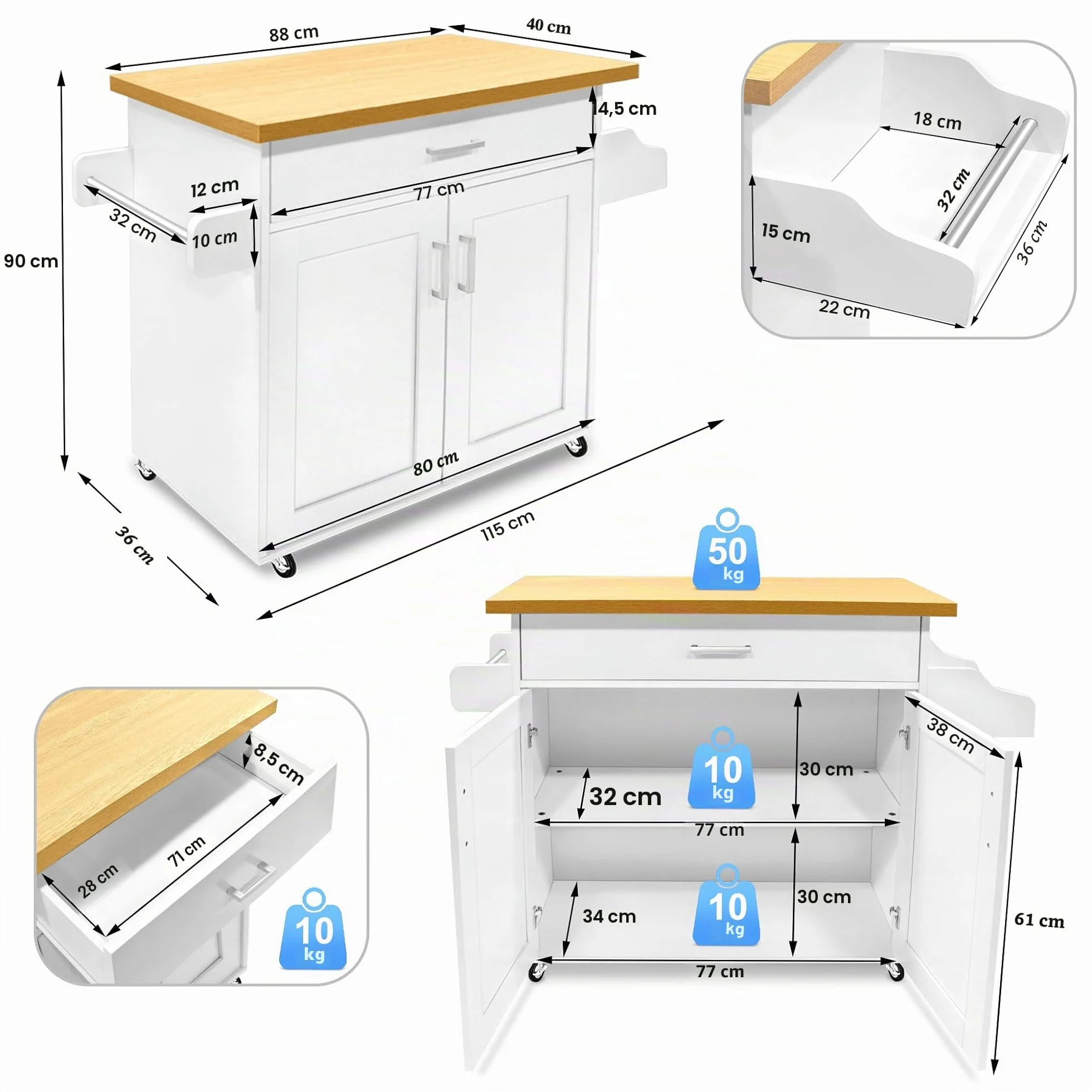 FIVMEN Carrito de cocina blanco con ruedas y encimera, carrito de cocina, isla de cocina de madera, con toallero y tabla de especias, mueble de cocina, 115 x 90 x 36 cm