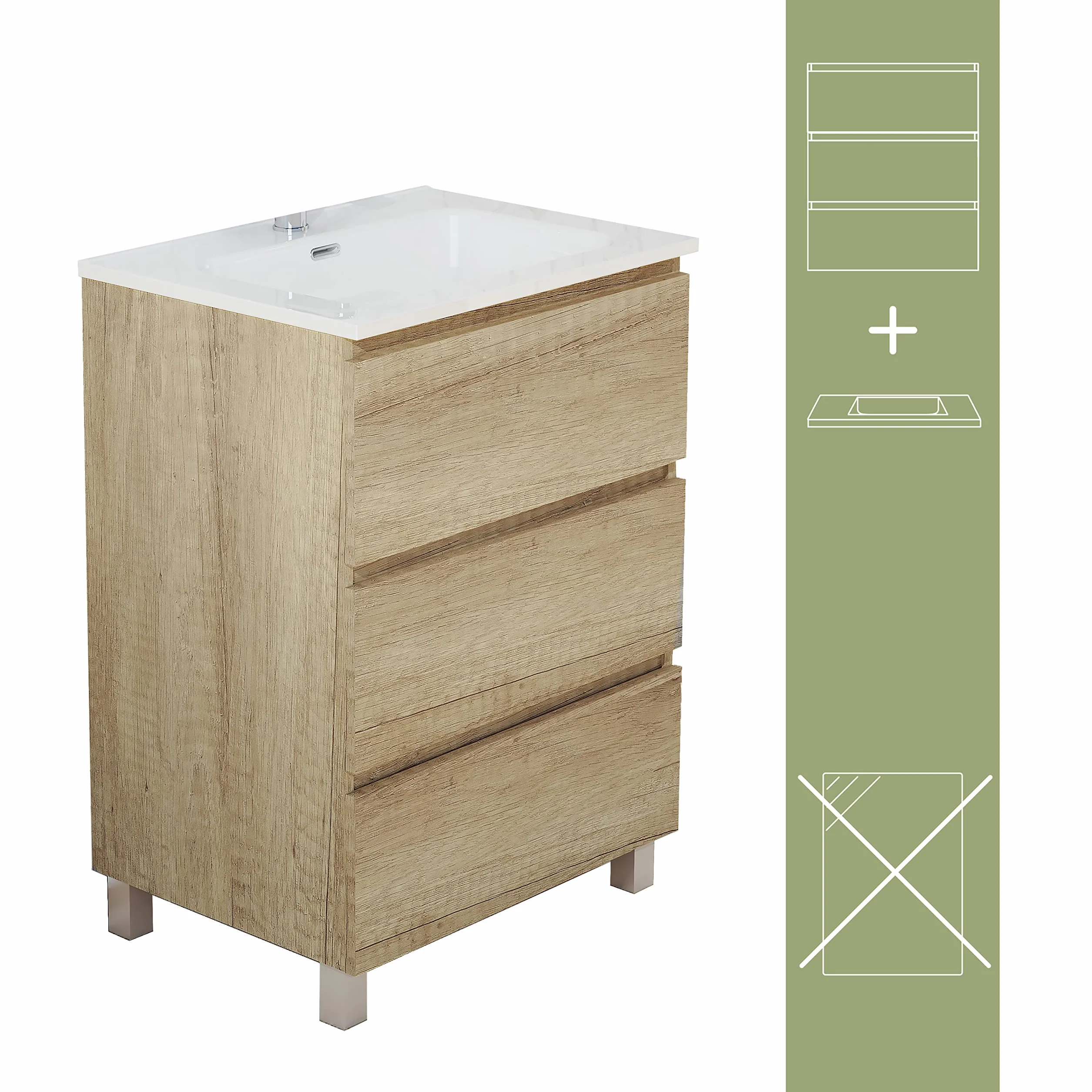 Baikal Mueble de Baño TRIX, Distribución de 3 cajones, con Patas y con Lavabo cerámico. Melamina 16mm. Distintas Medidas y Acabados Disponibles. Mueble MONTADO