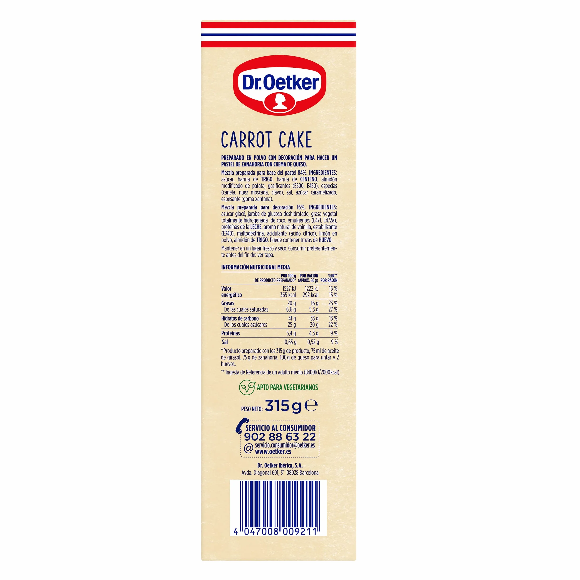 DR. OETKER Pastel de Zanahoria, Preparado para Tarta de Zanahoria con Crema de Queso 265g + 50g + Molde, 8 Raciones
