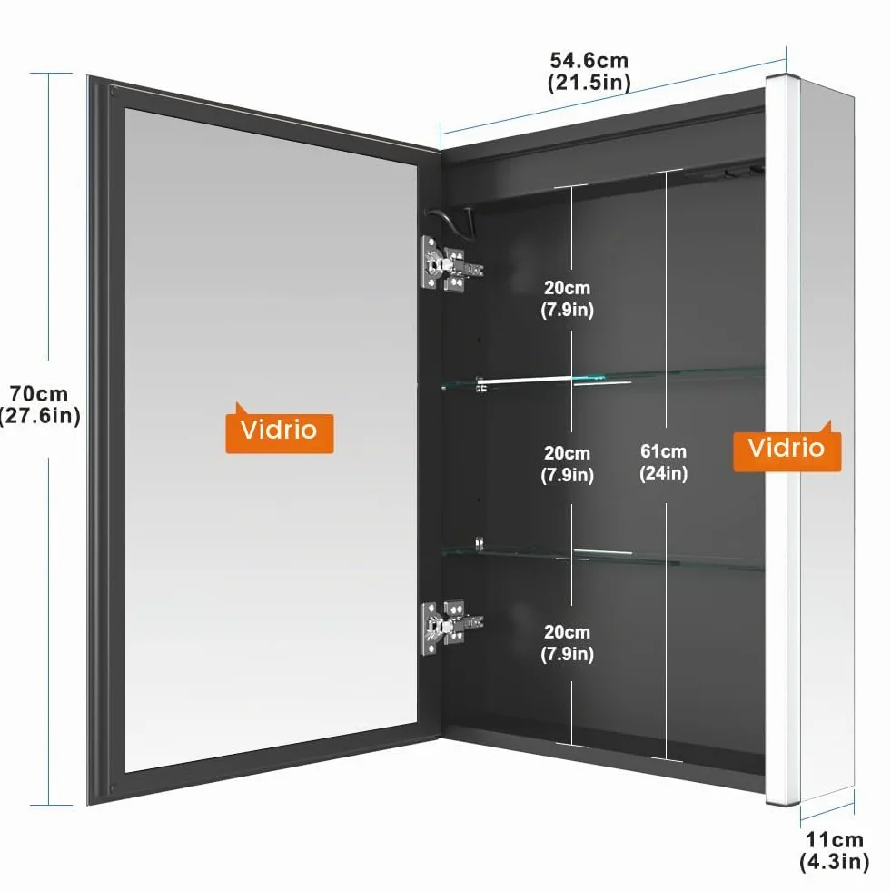 KWW LED Botiquín Baño Espejo Temperatura Color Ajustable Luz Antiniebla Enchufe USB Montado Pared 55x70