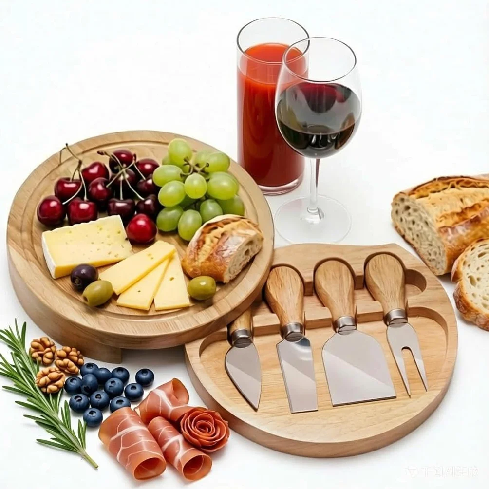 Juego de tablas de queso de madera, tabla redonda para charcutería con 4 cuchillos y cajón deslizante, tamaño 8 pulgadas