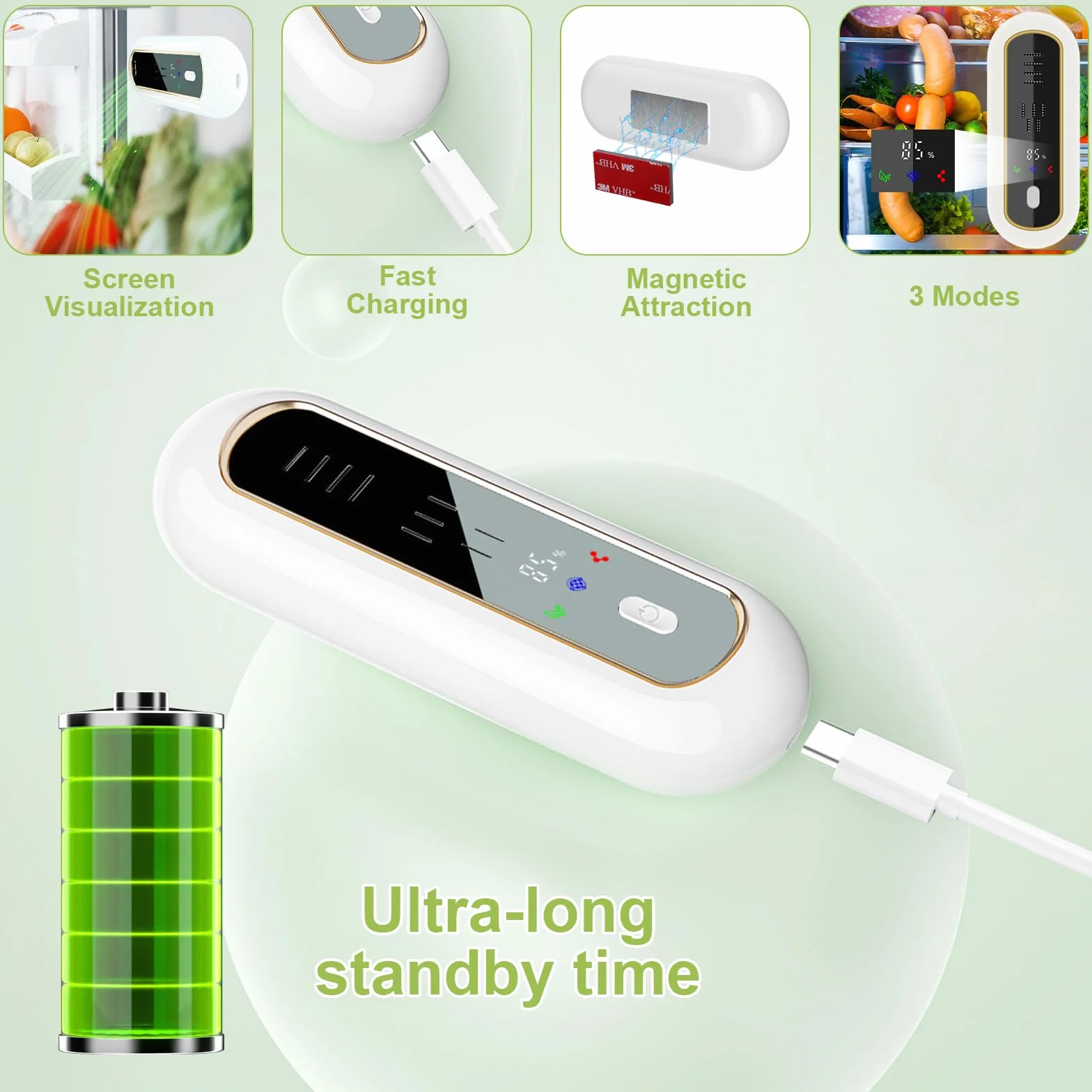 Desodorante para Nevera con Pantalla LED, Monitoreo de Temperatura y Batería, Eliminador de Olores Recargable