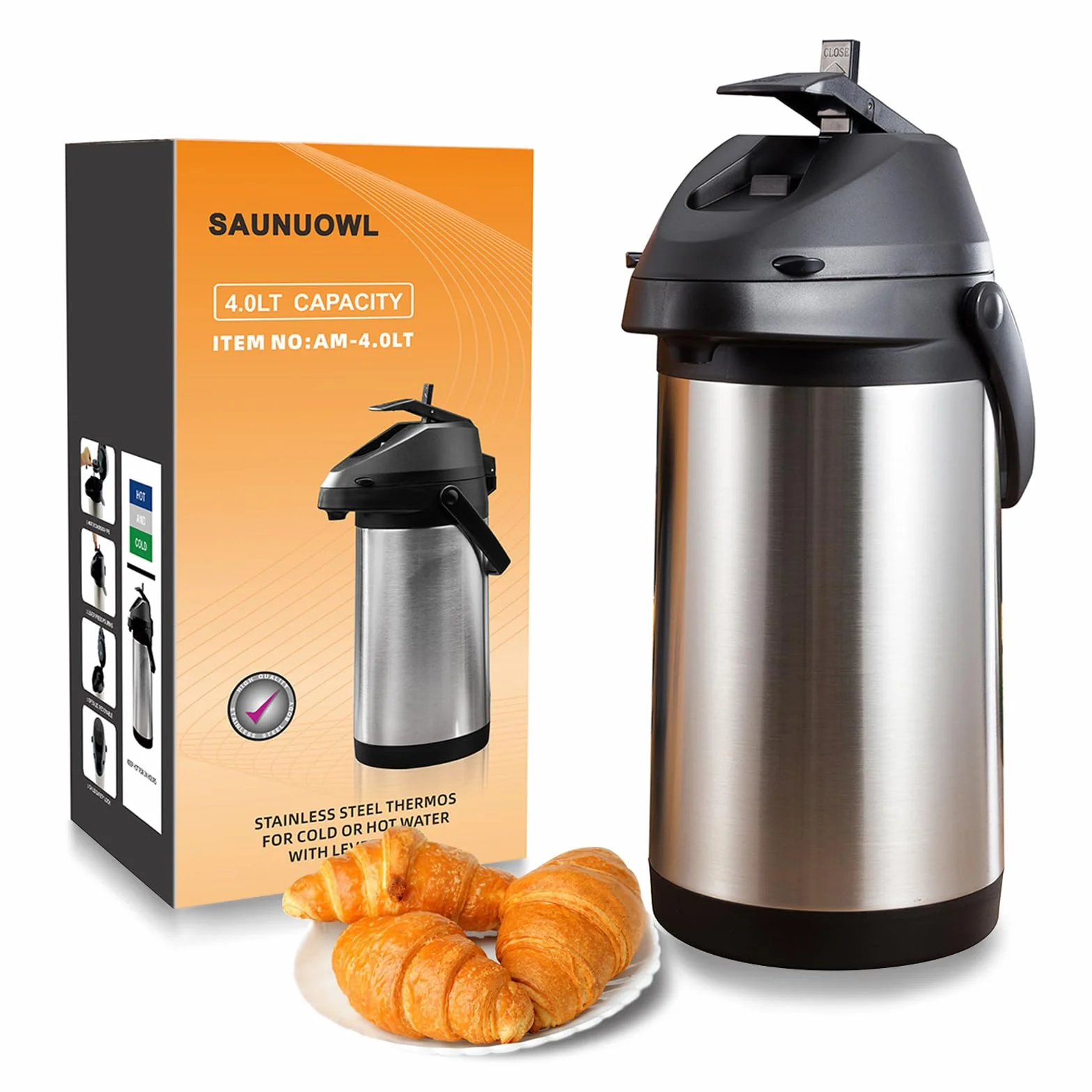 Airpot - Dispensador de café con bomba, dispensador térmico de bebidas calientes, jarra de café térmica de 4 L (3,827.2 g) de acero inoxidable aislado grande dispensador de bebidas con acción