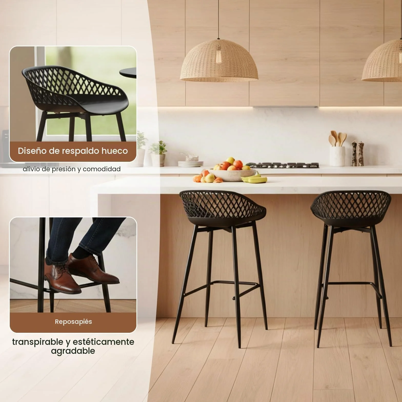 buybyroom Taburetes Altos de Cocina, Juego de 4 Taburetes de Bar con Respaldo, Sillas Altas de Cocina Modernas para Isla de Cocina, Bar o Restaurante, Patas de Metal, Negro