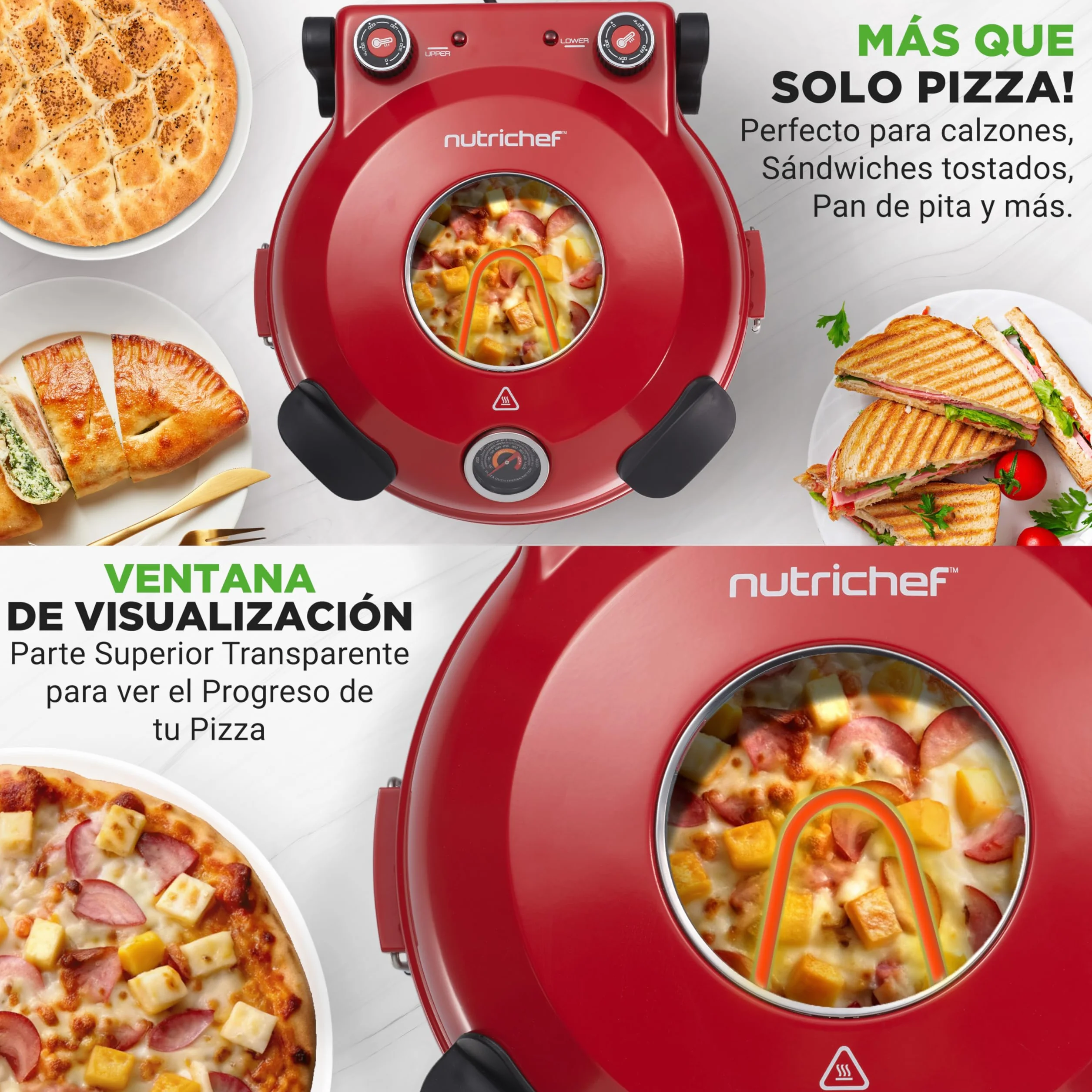 Nutrichef Horno Electrico para Pizza 1200W Control de Temperatura con Termometro Ventana de Visualizacion Antiadherente