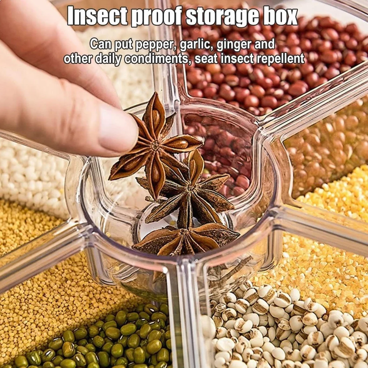 Dispensador de alimentos redondo de 6 rejillas, rotación de 360°, capacidad de 5 kg, contenedor de almacenamiento de alimentos secos con tapa dividida, recipiente de cereales, recipientes para arroz,