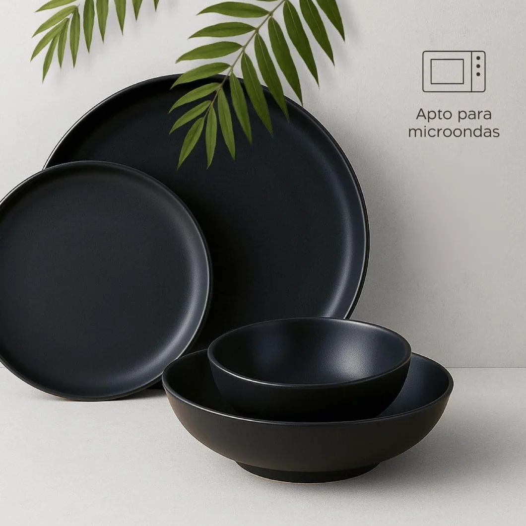 Twinzee Vajillas Completas 6 Personas, 24 Piezas - Aptos para Microondas - Vajilla Negra Mate - Set de Platos Elegante y Funcional - Colección Ebony