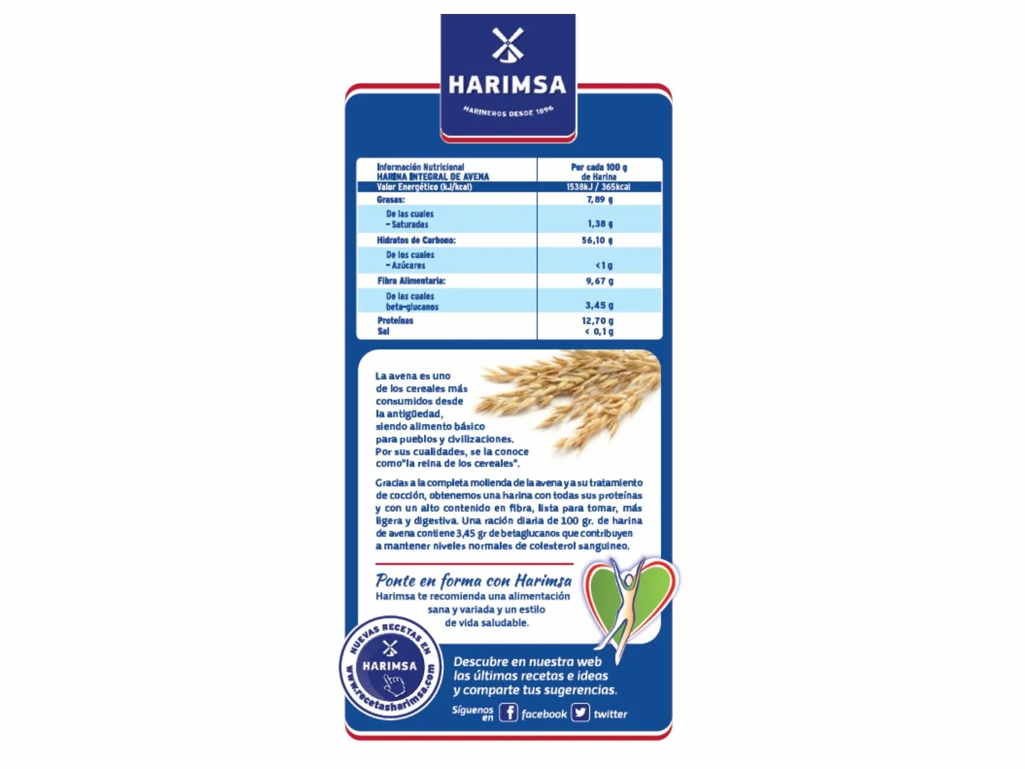 Harina Integral de Avena HARIMSA 400g Fuente de proteínas Beta-glucanos