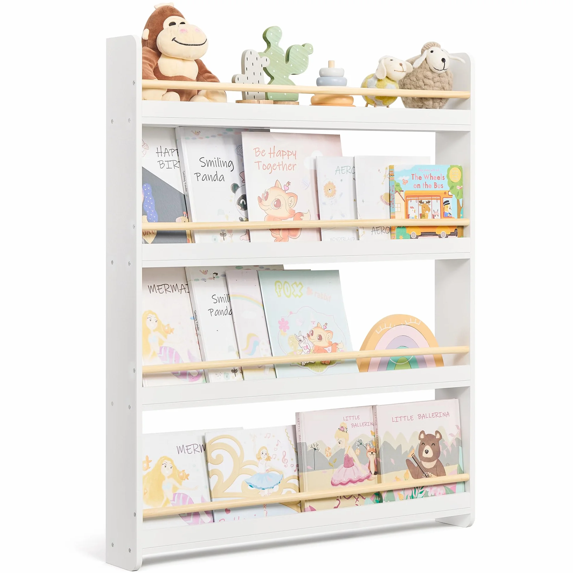 SONGMICS Estantería Infantil 4 Niveles Estante de Pared para Juguetes Blanco y Natural GKR014W01