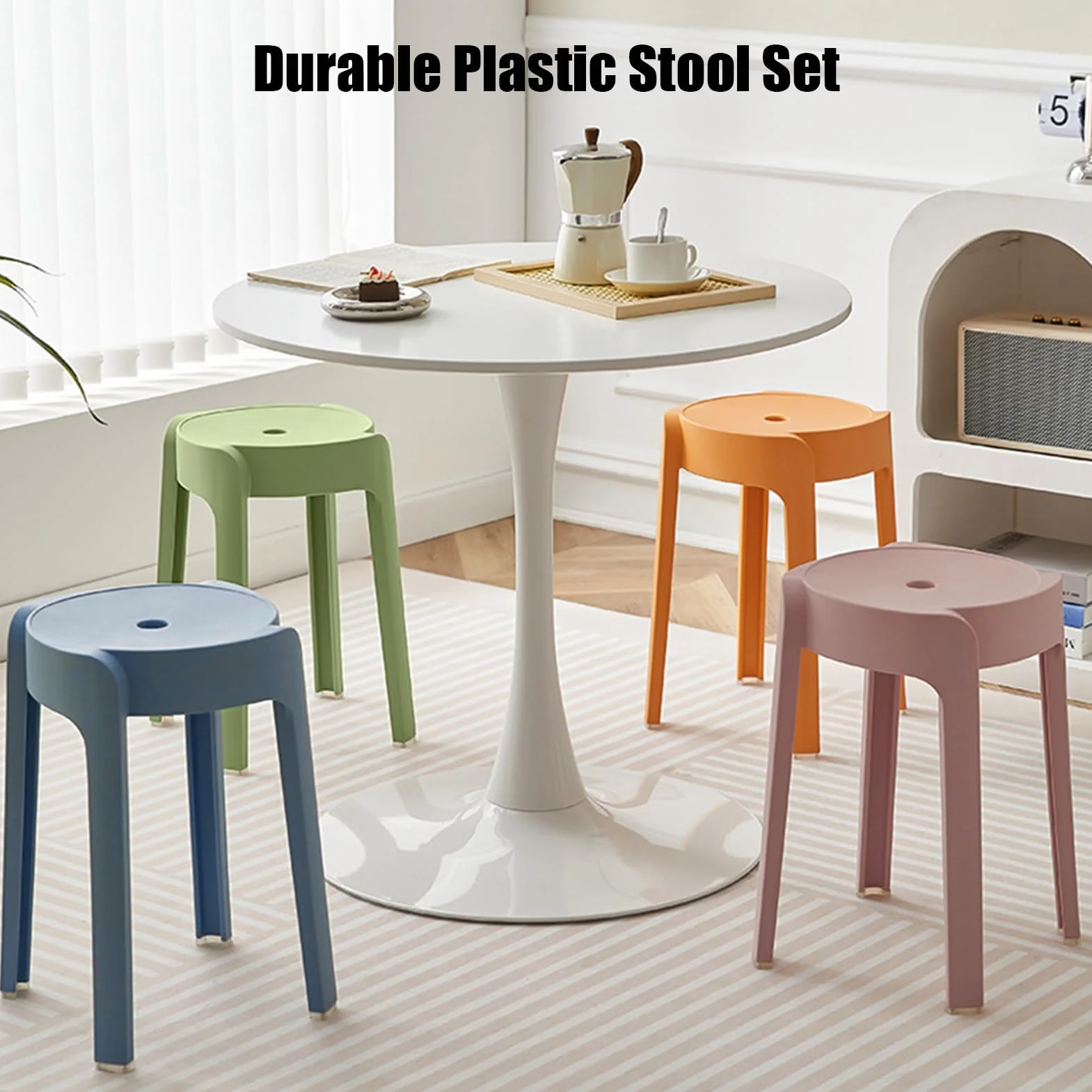 Juego de 6 taburetes coloridos apilables de plástico, taburetes redondos portátiles y ligeros para uso en interiores y exteriores, sillas sin respaldo, asientos flexibles para el hogar, la