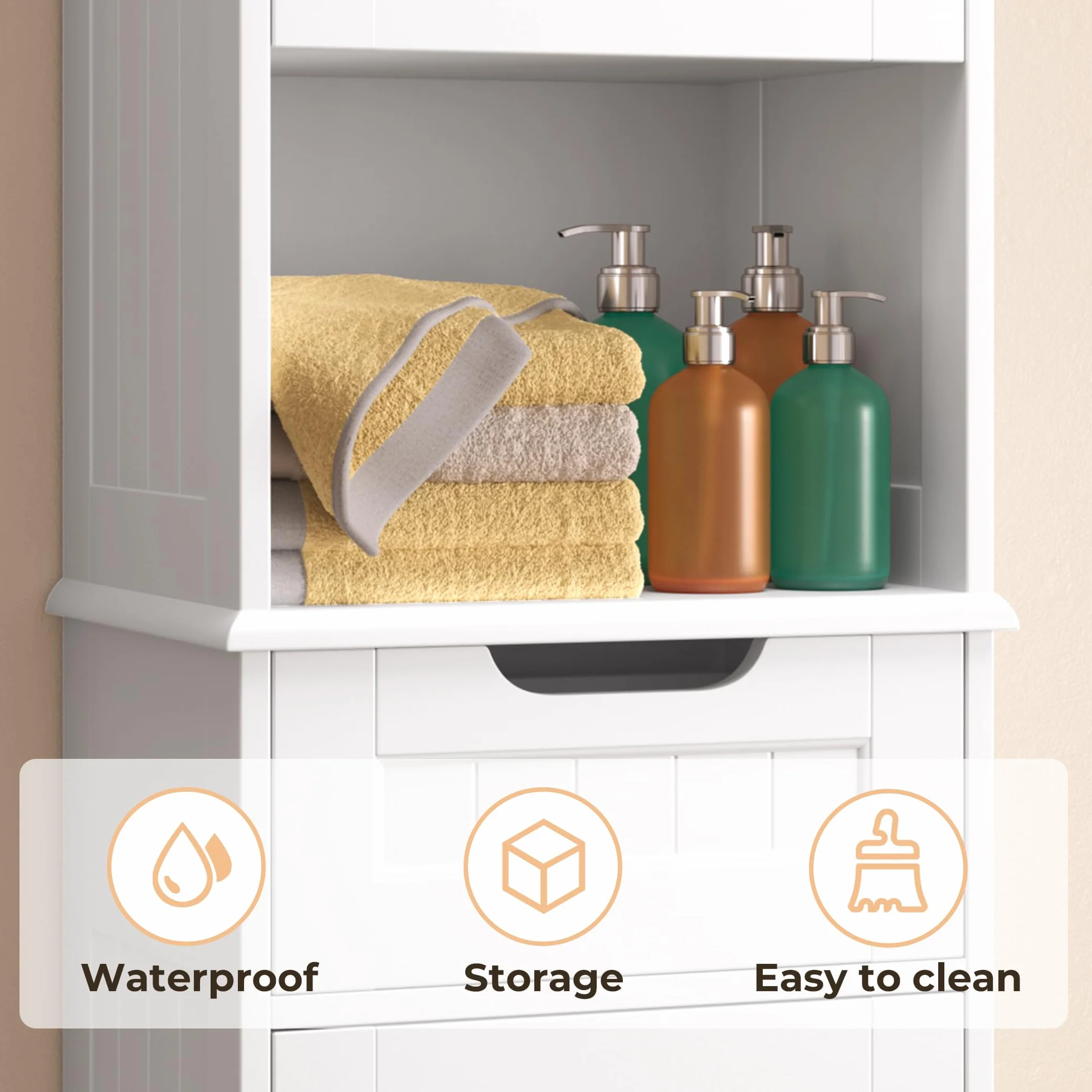 Mueble de Baño Alto 170cm Blanco 30x40cm con Cajón y Puertas Estante Antivuelco