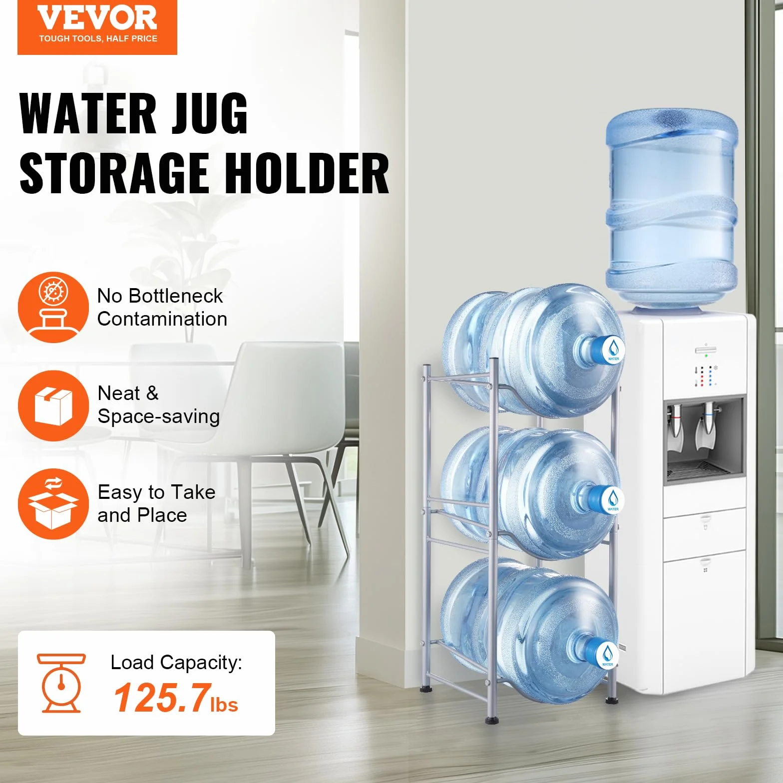 VEVOR Soporte para Jarra de Agua 3 Niveles Estante para Botellas de Agua 332x330x746 mm Soporte para 3 Botellas Estante para Jarras de Agua Resistente para Cocina, Oficina, Sala de Estar, Plateado
