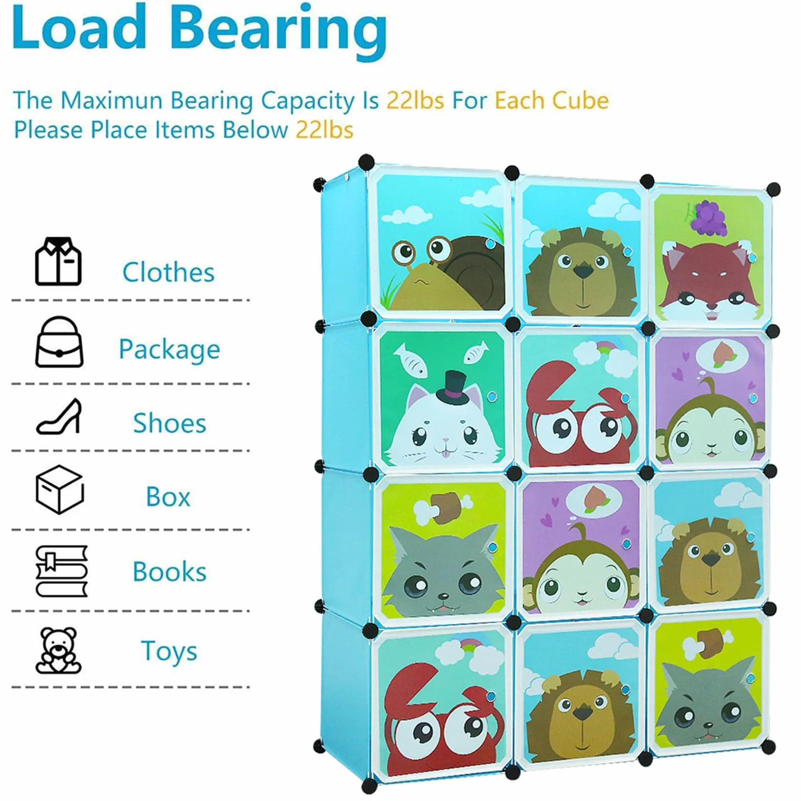 Armario infantil 12 espacios 4 capas con puertas para ropa zapatos baño juguetes