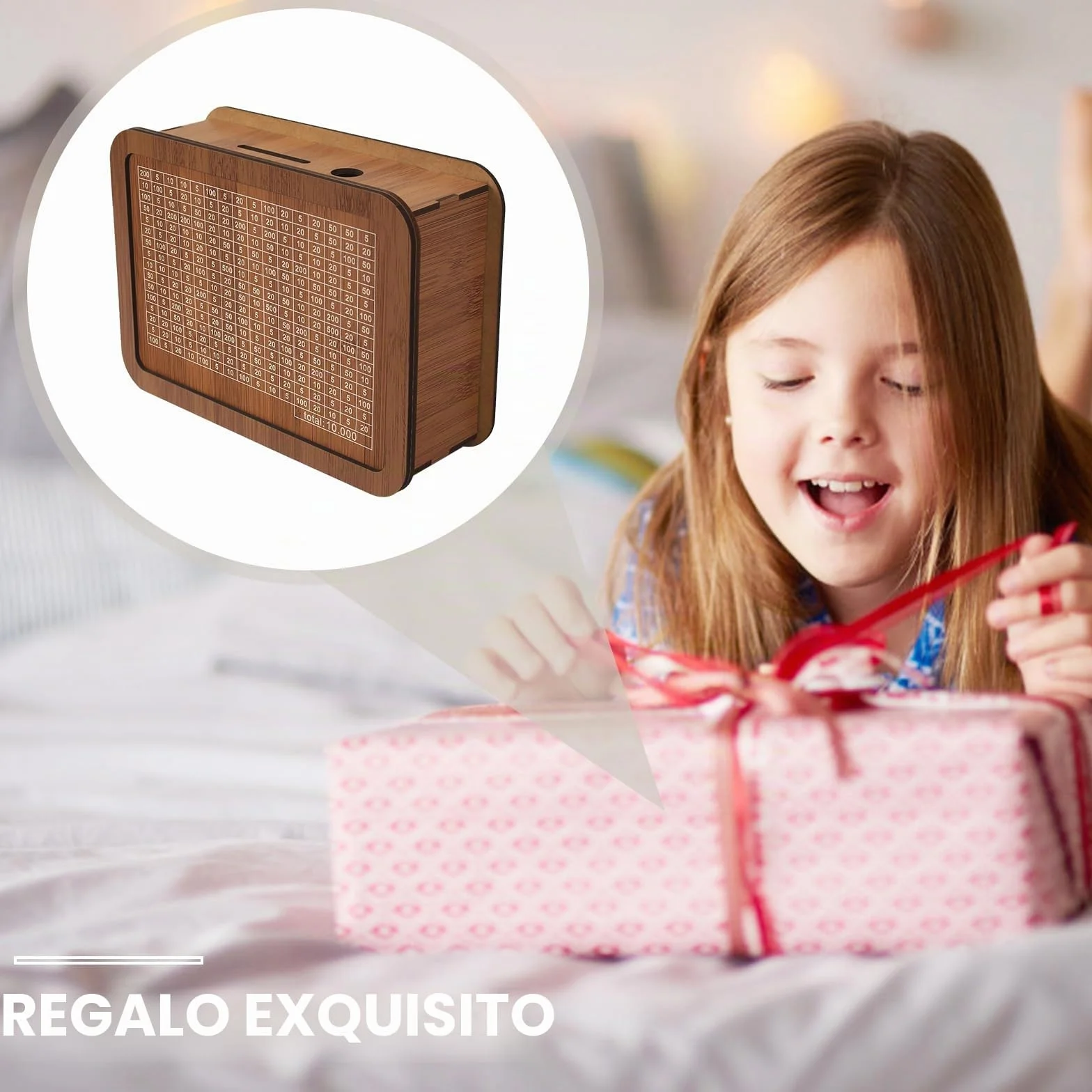 Hucha de madera, hucha de madera, con contador, banco para billetes, monedas con objetivo de ahorro y cifras, reutilizable para niños, Sparziel 10000