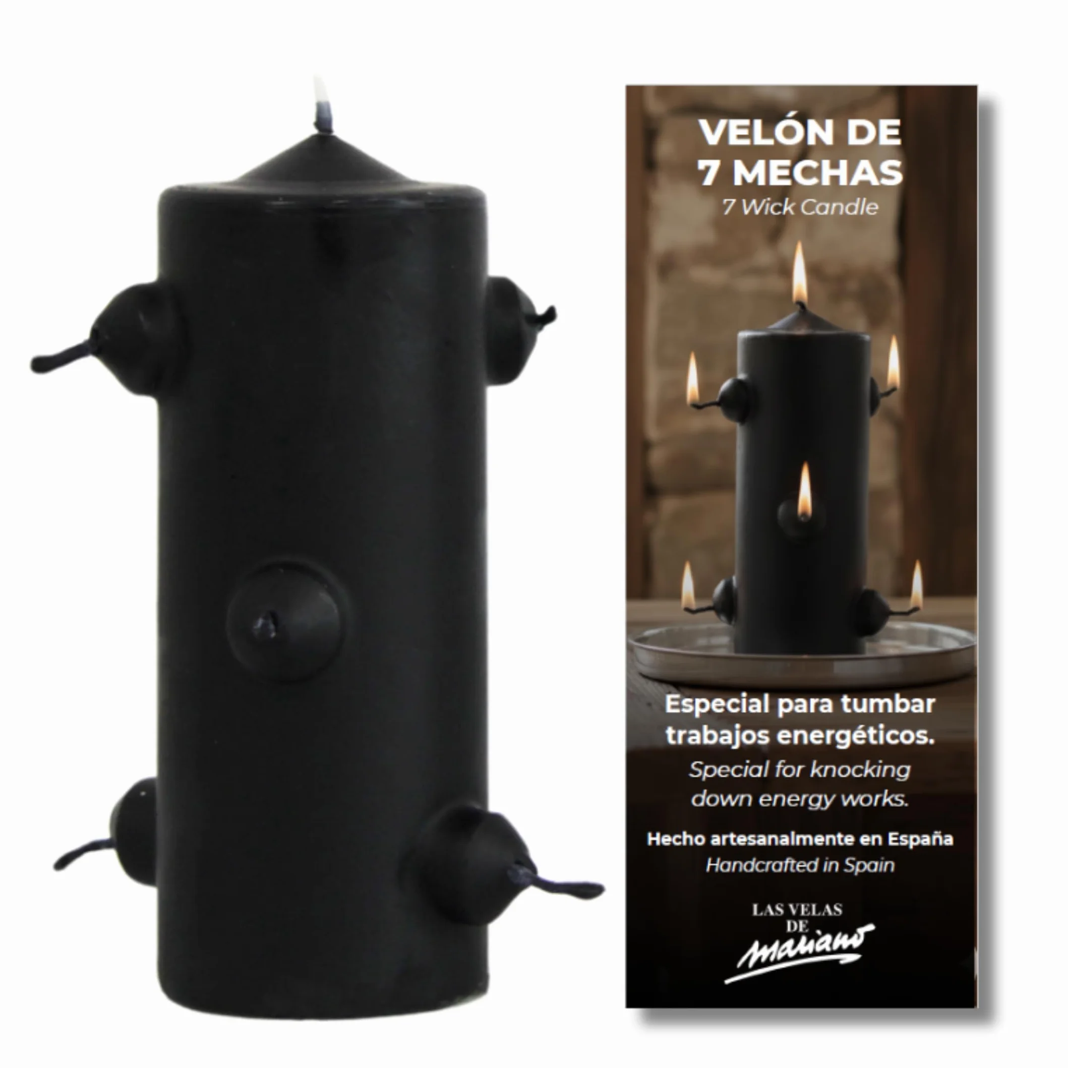 Velón Negro 7 Mechas Vela Esotérica 16 cm Alto 5,5 cm Ancho para Rituales Limpieza y Protección