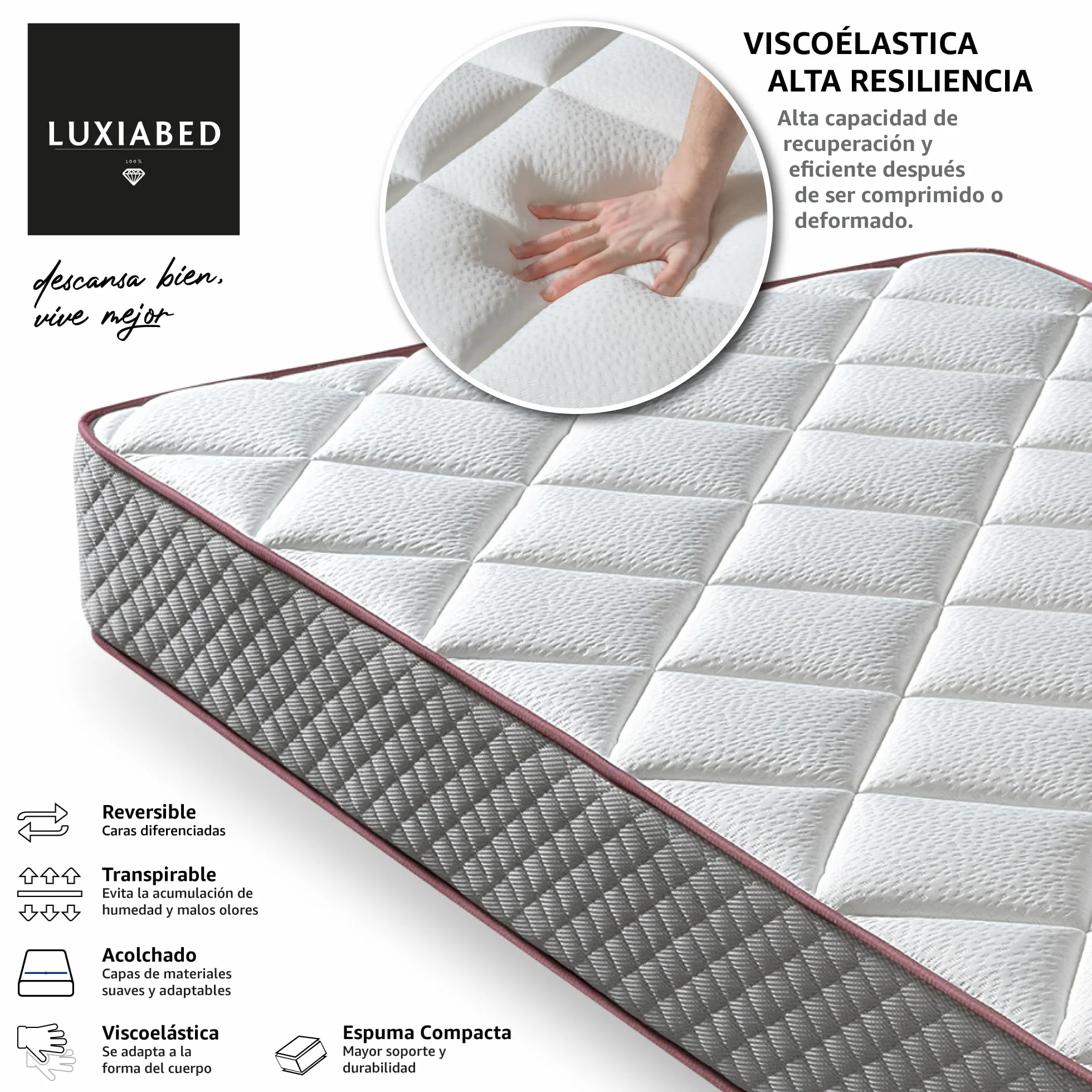 LUXIABED Colchon Viscoelastica 90x200 Dual Confort Firmeza Media MemorySens Elixir 14 cm Gris