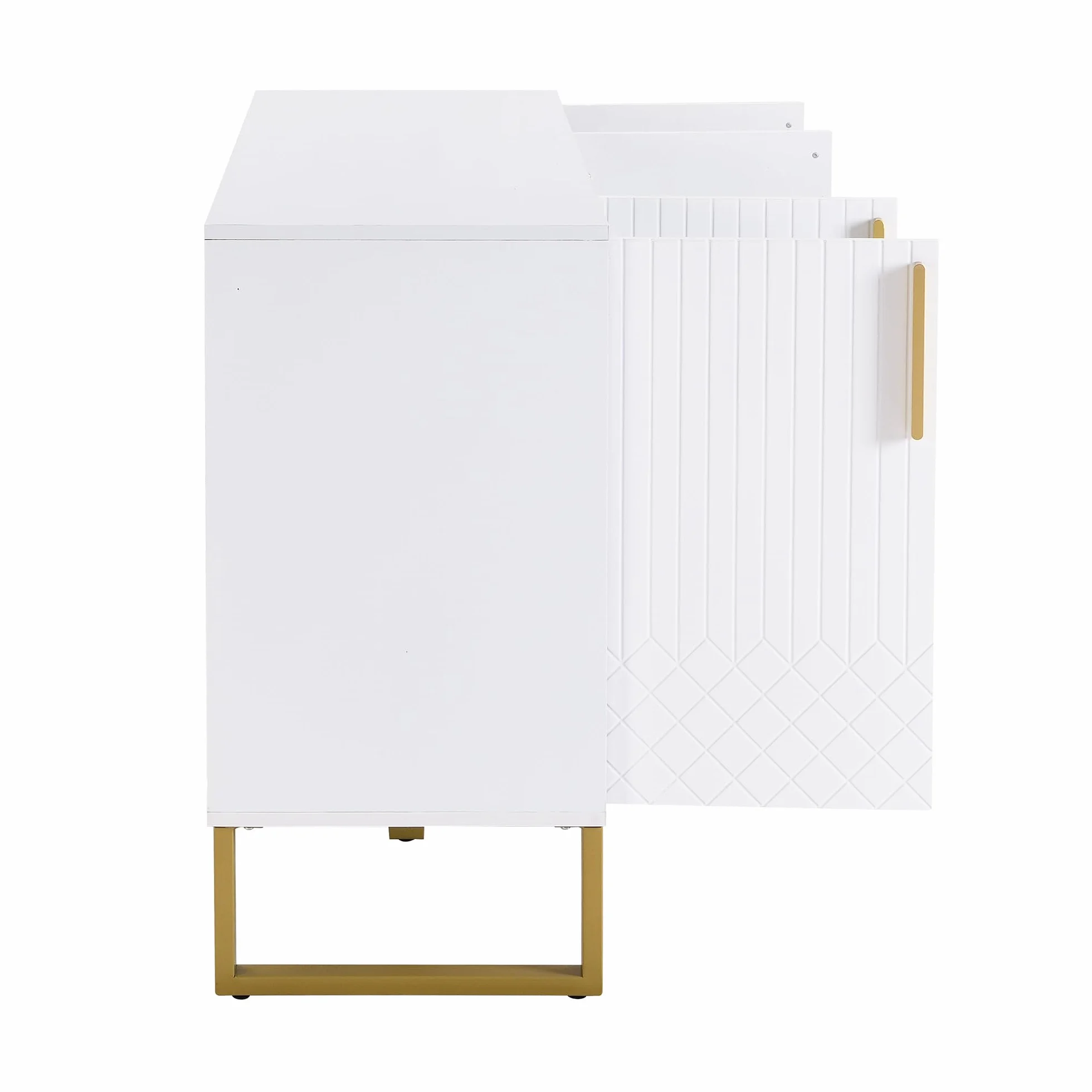 Aparador brillante, 4 puertas, tiradores y patas de metal, diseño geométrico en blanco, 140L*40L*80H, apto para salas de estar