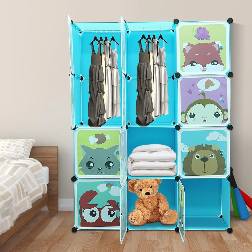 Mueble de almacenamiento infantil con 12 cubos armario modular ABS 111x37x147 cm azul
