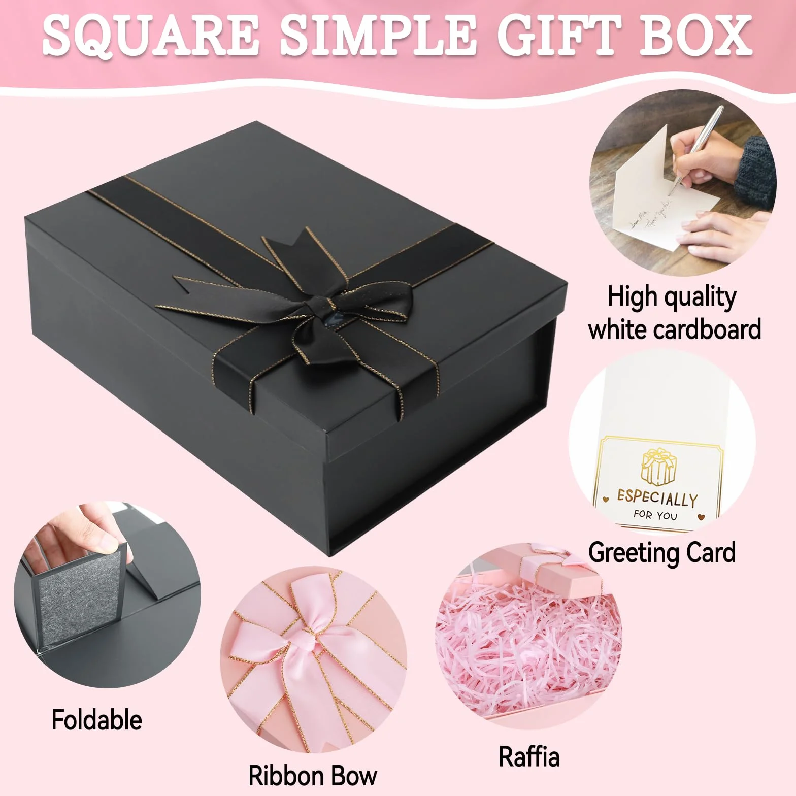 Caja Regalo Cumpleaños, Regalo Cuadrada Plegable con Bolsa, Caja de Regalo Grande con Tapa y Tarjeta para Bodas Aniversarios Fiestas San Valentín