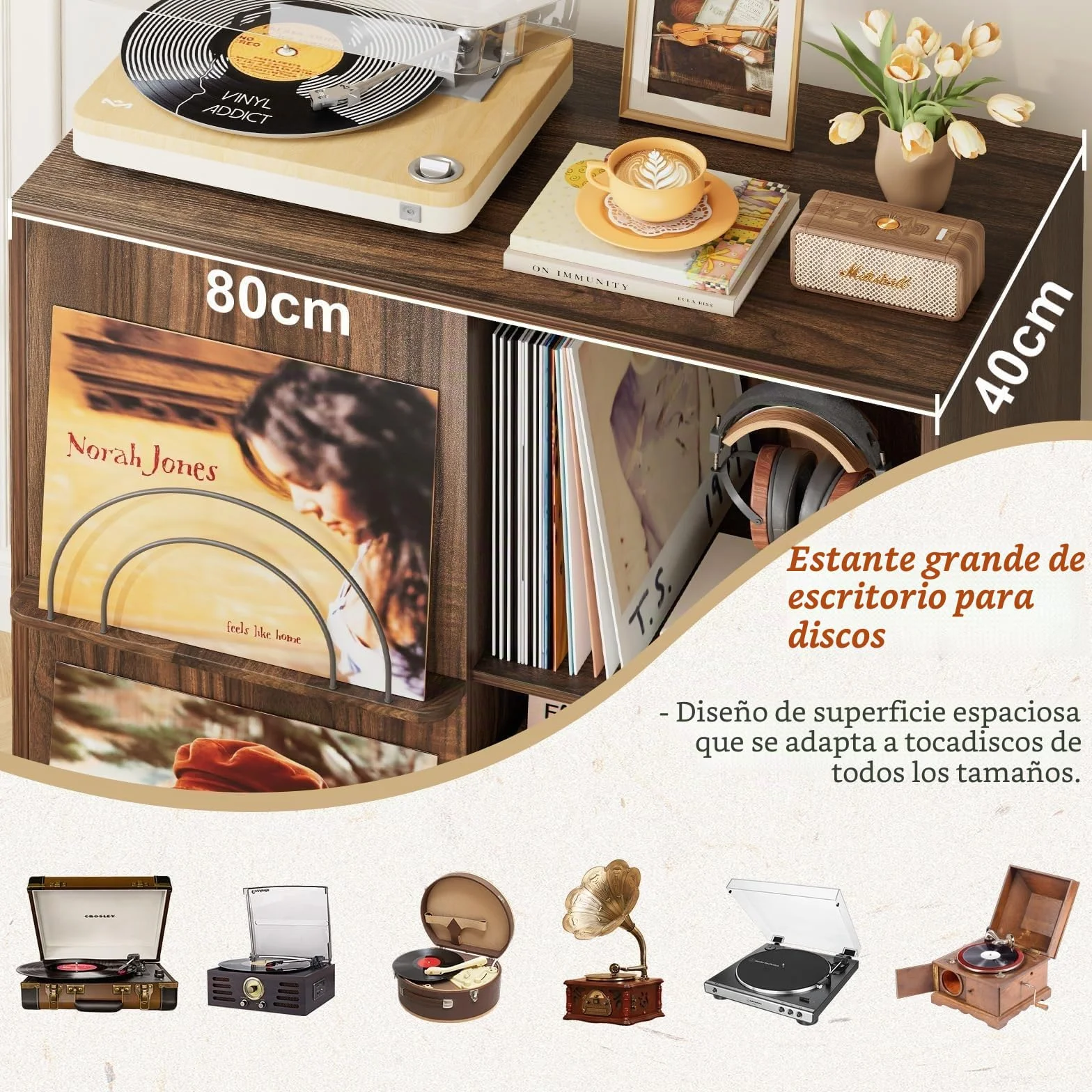 Mueble Tocadiscos con Estante para Vinilos y 2 Cajones – Mesa Auxiliar de Madera, Compatible con Todos los Tocadiscos y Altavoces
