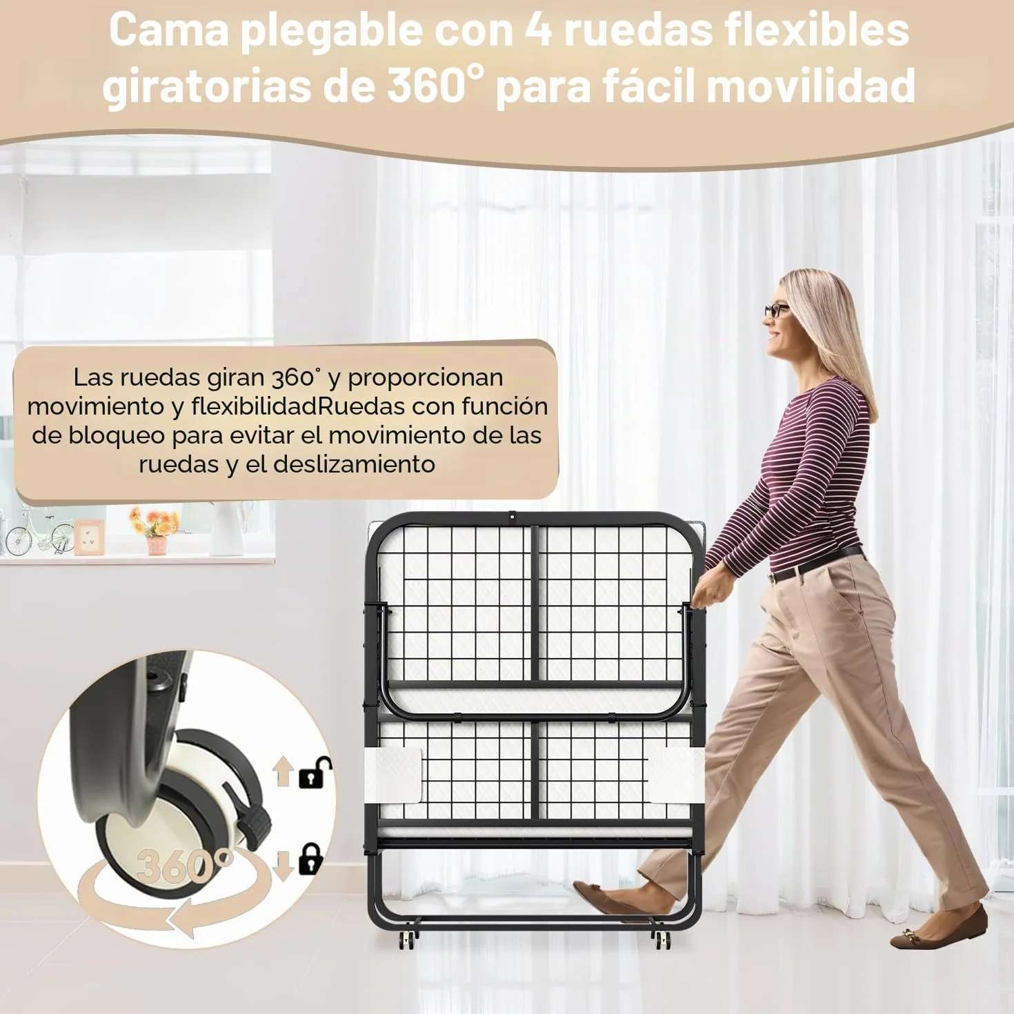Cama plegable 90x200 cm con colchón de 13 cm, cama plegable para invitados para adultos, marco de metal estable, cama plegable con ruedas y funda protectora, cama de visita para ahorrar