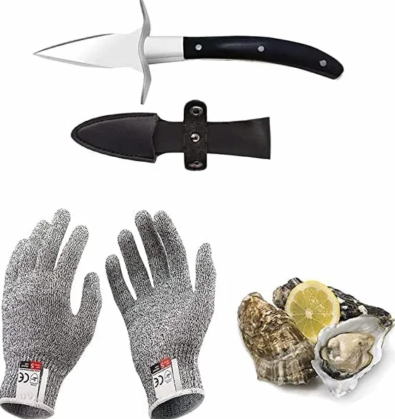 Juego de cuchillos para ostras y guantes anticortes, sacacorchos para ostras de acero inoxidable con guantes, clase de protección 5 (L), para conchas o quesos duros