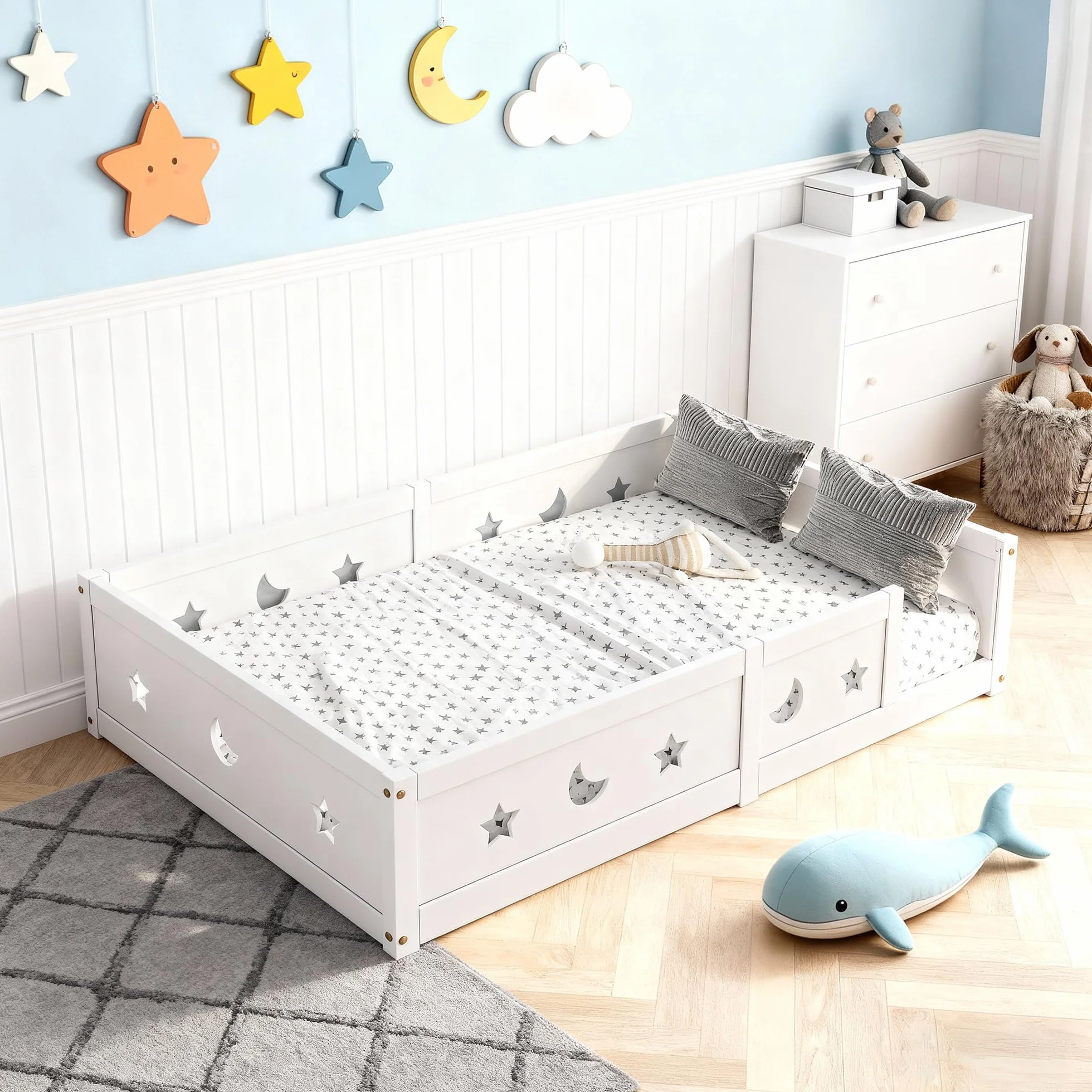 Cama en el suelo para bebé, 90 x 200 cm, cama en el suelo de inspiración Montessori, camas infantiles de madera con barrera de seguridad y somier de láminas, camas individuales para niños y