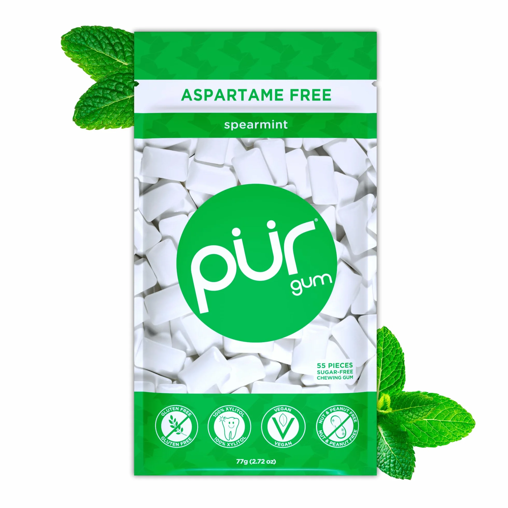PUR Gum Chicle Sin Azúcar 100% Xilitol Vegano Sin Gluten Apto Para Diabéticos Sabor Natural Spearmint 55 Piezas