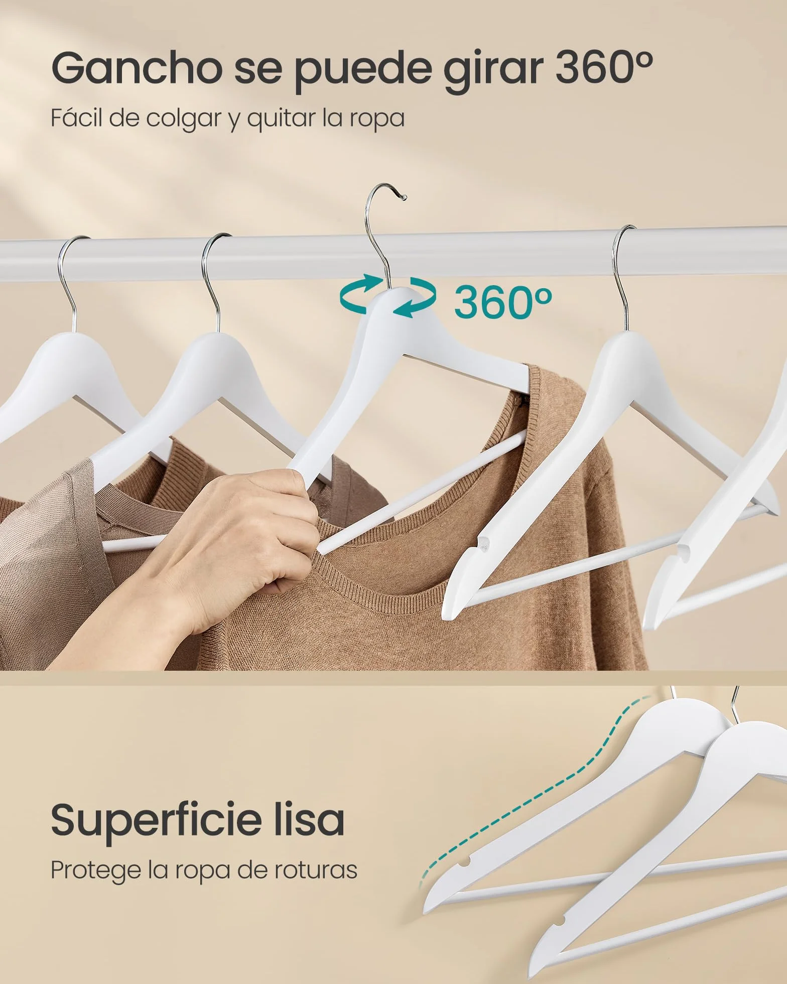 SONGMICS Percha de Madera Juego 20 Delgada Gancho Giratorio 360° Blanco Nube